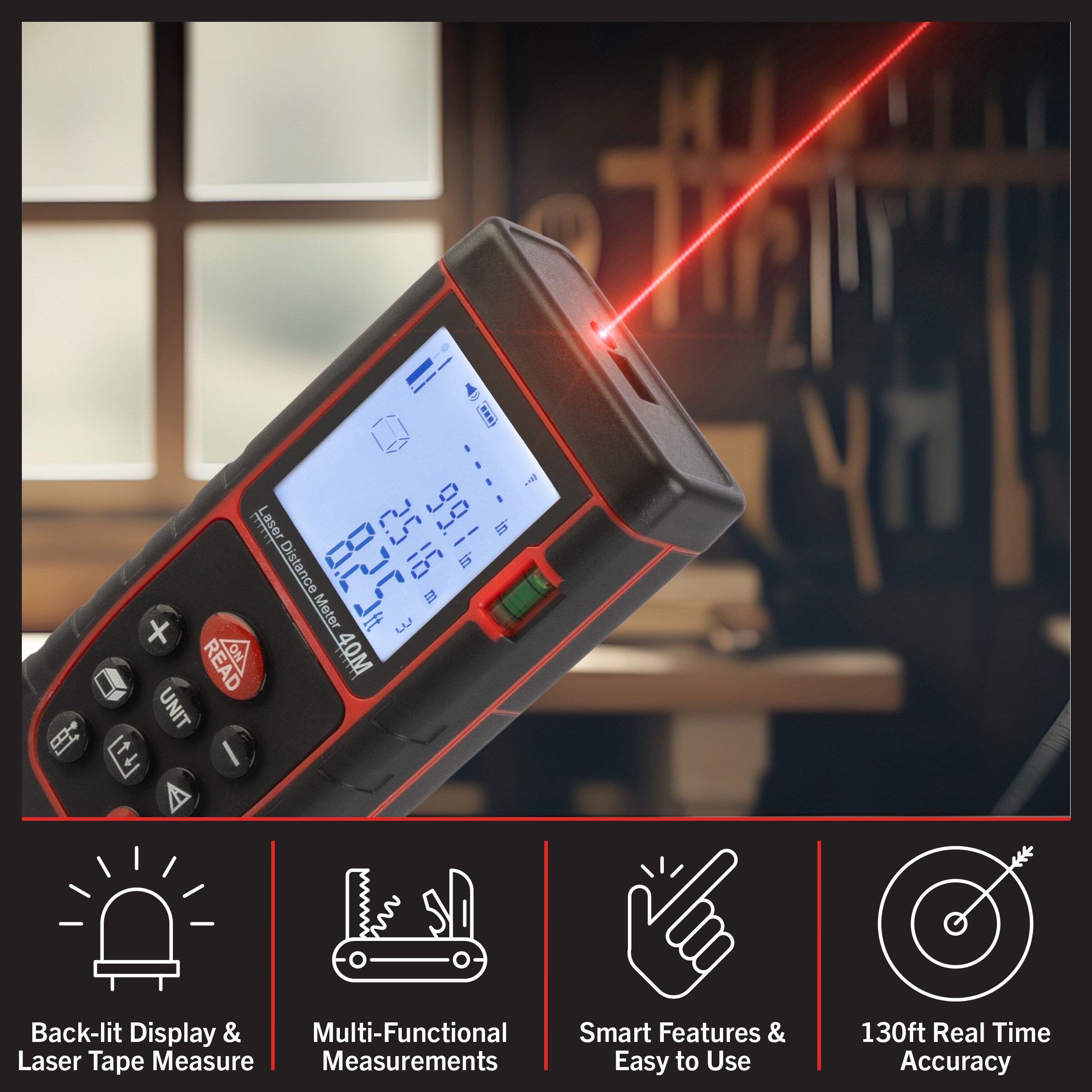 2 in 1 Digital Laser Tape Measure  130ft/40m Laser Distance Meter