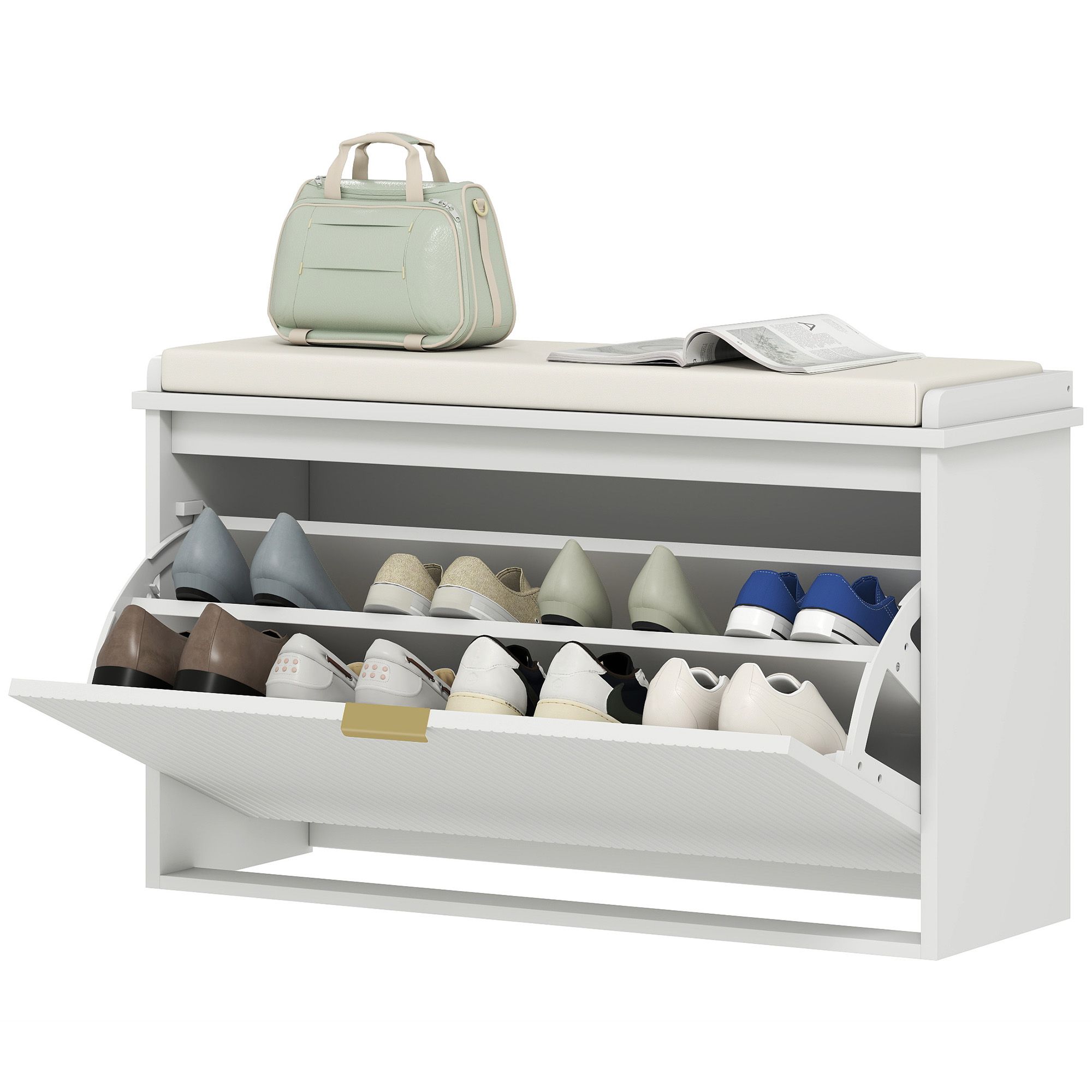 JUSHUA Shoe Storage Bench with Padded Seat Cushion and Flip-Drawer Entryway Bench Shoe Cabinet 31 and five tenths by 10 and two tenths by 18 and seven tenths Inches White