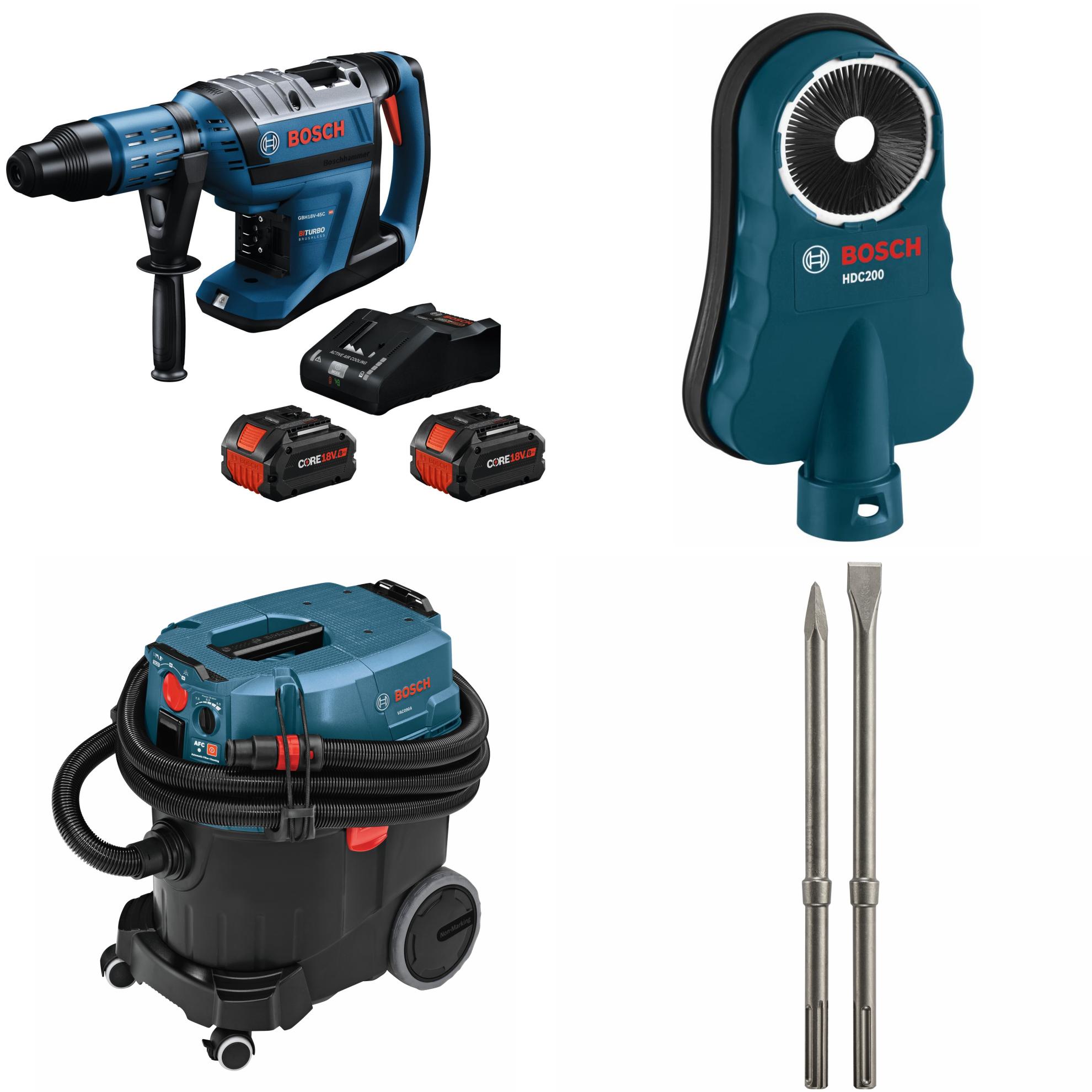 Bosch  PROFACTOR™ 18V Connected-Ready SDS-max® 1-7/8 In. Rotary Hammer Kit with (2) CORE18V® 8 Ah High Power Batteries, 9-Gallon Dust Extractor with Auto Filter Clean and HEPA Filter, SDS-max® 2-Pack Hammer Steel Masonry Chisel Set and Universal Dust Collection Attachment