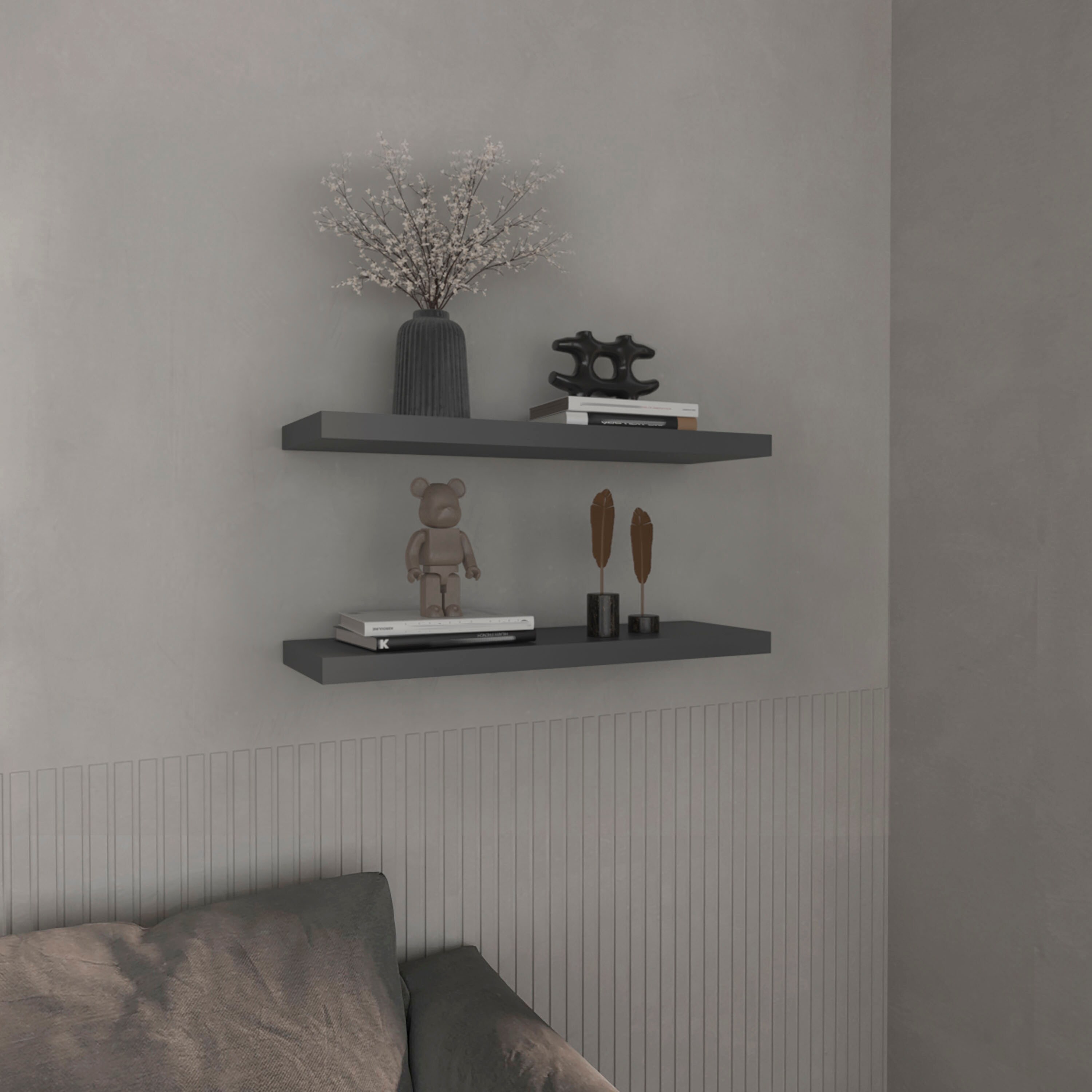 Blisstyle Floating Shelves 1.50 Inch H 2 Shelves Matt Gray Bookcase Book Shelf Weight Storage Racks and Shelving Shelves Decor for Kitchen Living Room Bedroom Garage