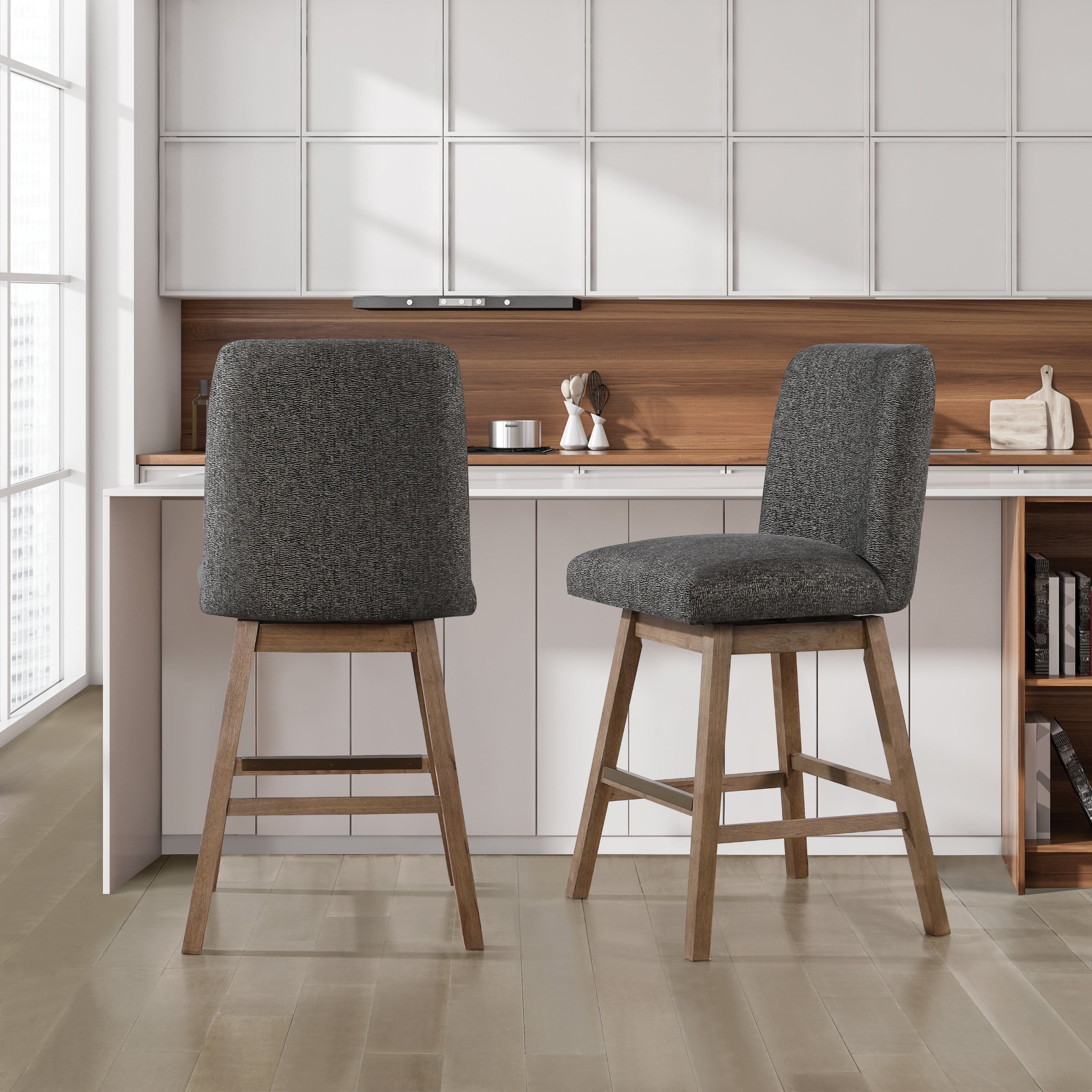 Office Star Products FLY30-E45 Set of 2 Charcoal/Med Oak 30-in H Bar height (28-in to 33-in) Square Seat Upholstered Wood Back Bar Stool Back