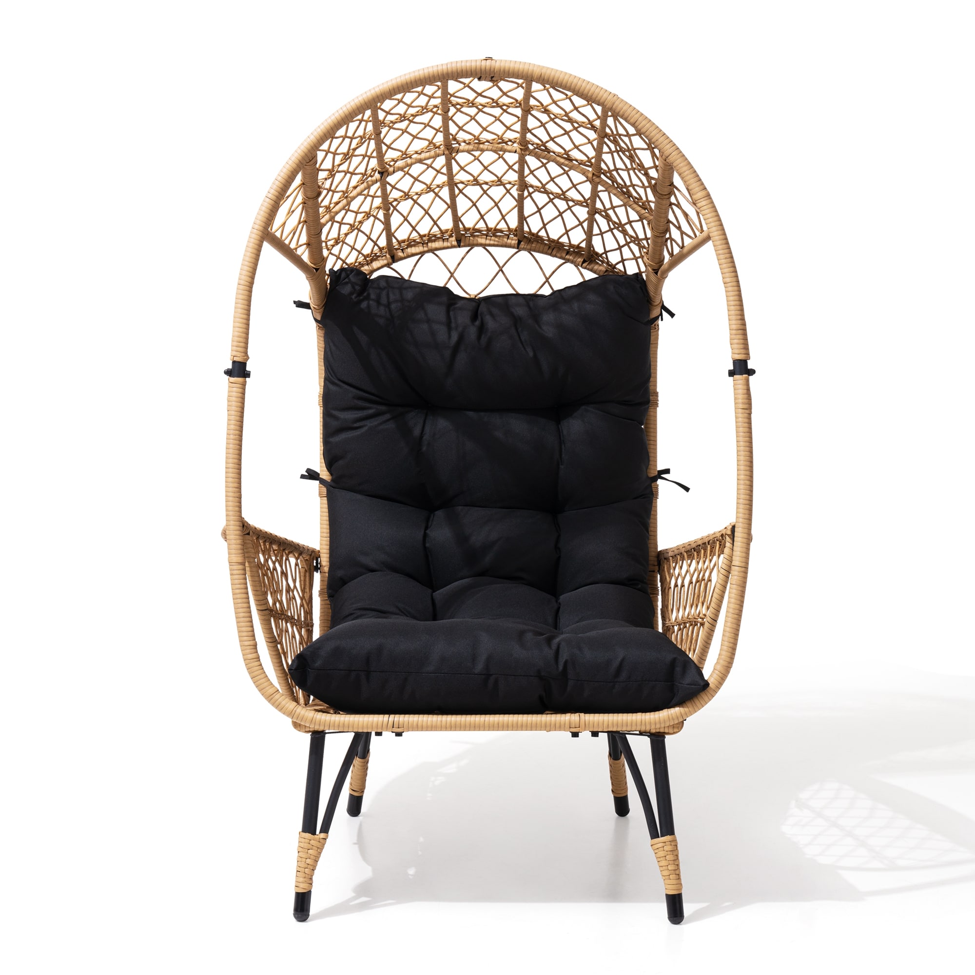 Crestlive Products CL-DC025BLK Patio Wicker Egg Chair with Cushion (Black) Rattan Brown Metal Frame Stationary Egg Chair with Black Cushioned Seat