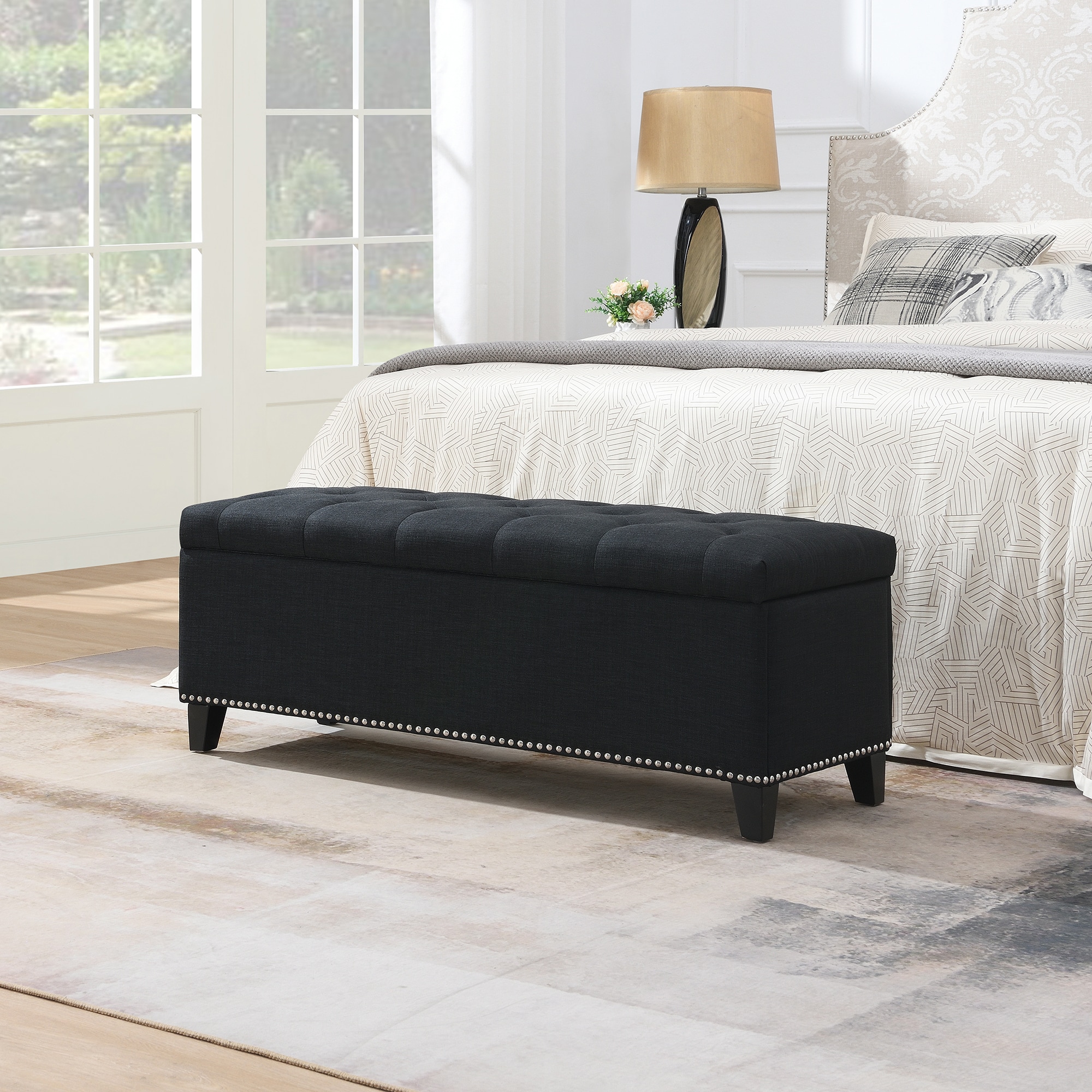 KTMBDW - Modern Ottoman Bench with Storage -Linen Button Tufted Ottoman with Safety Hinge for Liv...