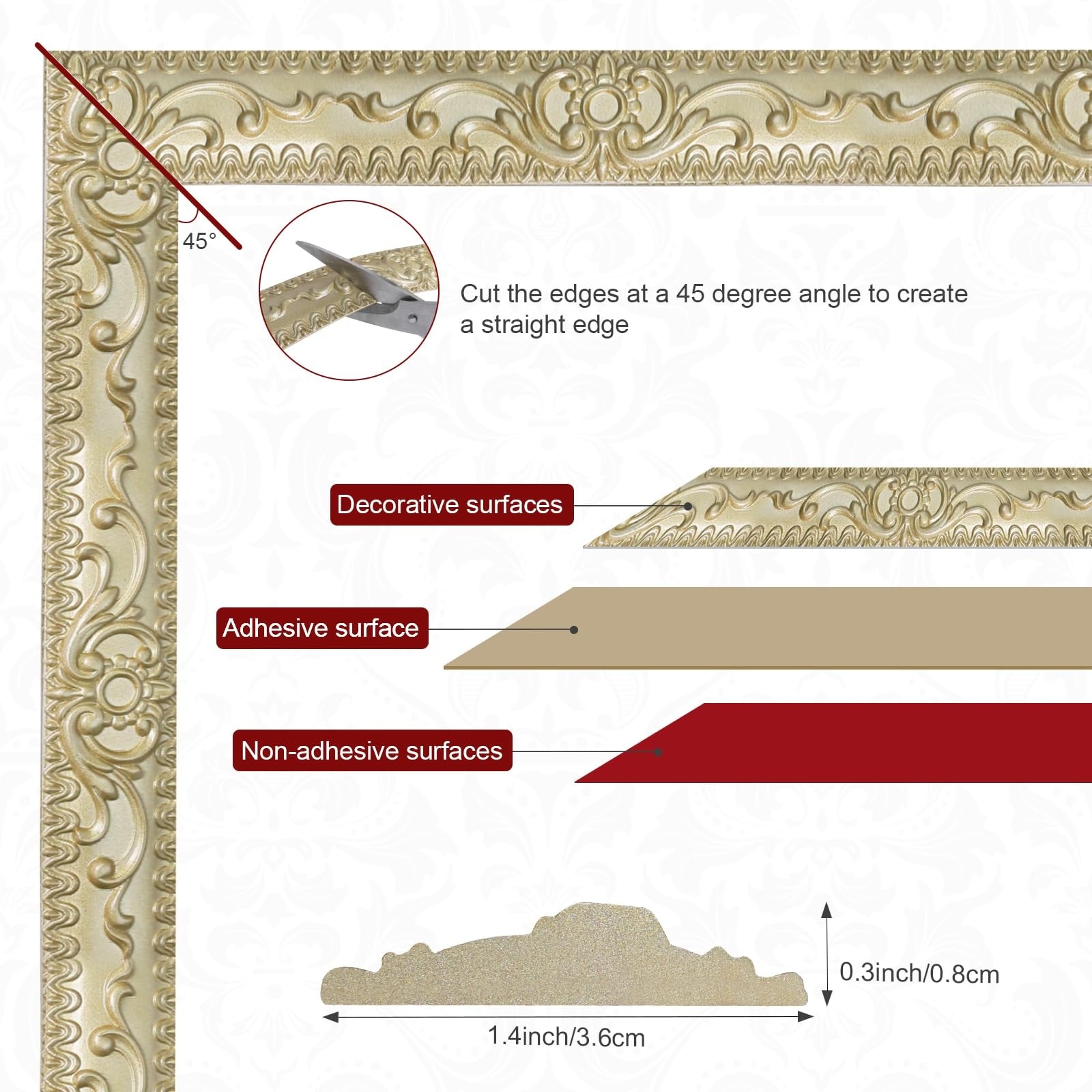 Aoibox  Champagne Gold Peel and Stick Wall Molding Trim for Mirror Frames Furniture and Ceiling Decor