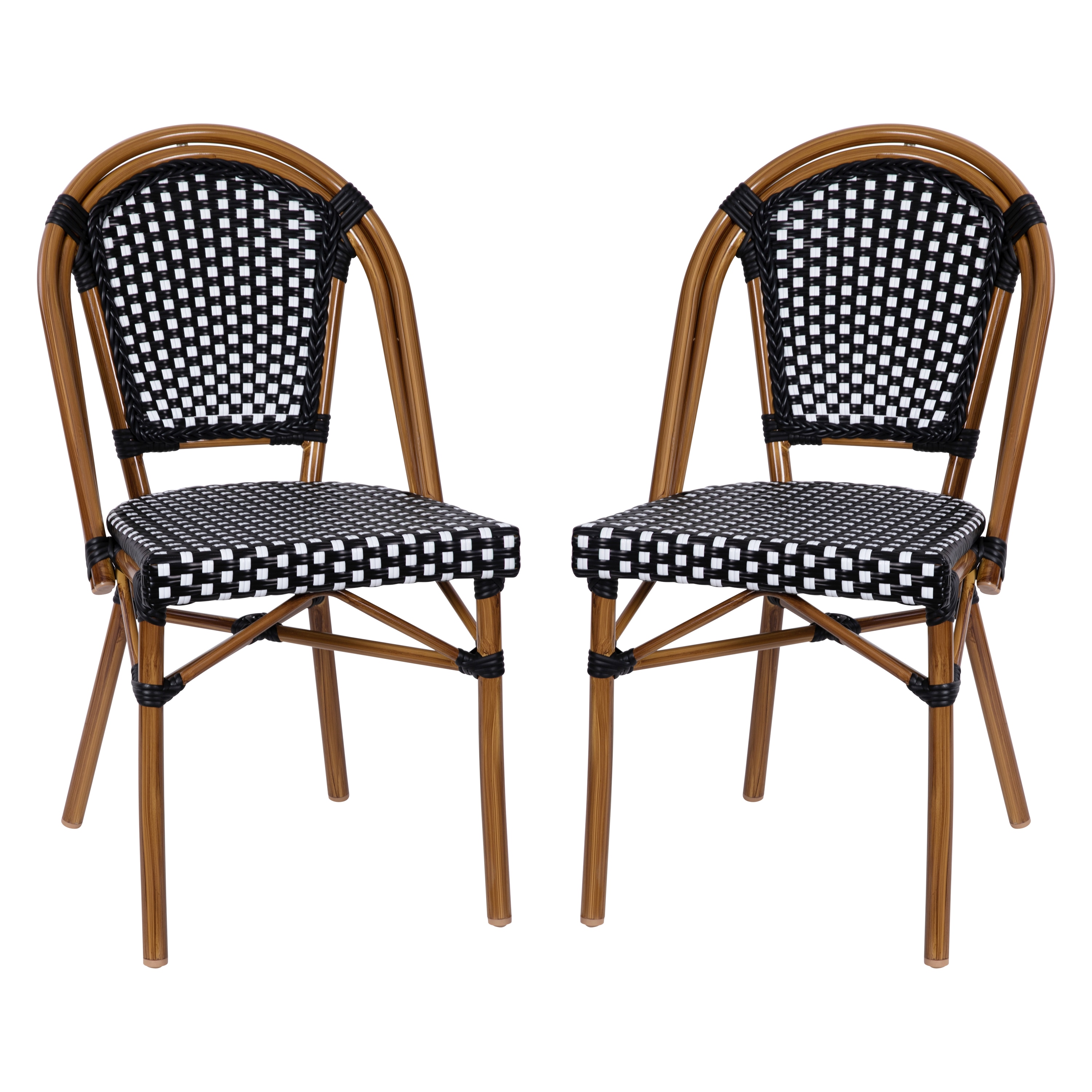Black and White PE Rattan Armless Bistro Chairs with Bamboo Print Frame, Set of 2