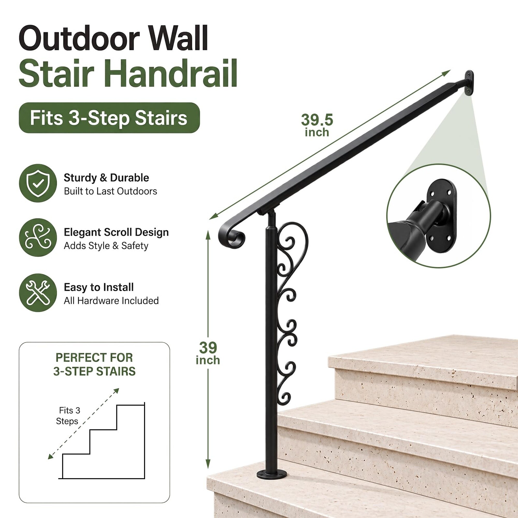 Angel Sar 3 Step Outdoor Stair Handrail Stainless Steel 39.5 x 39 in ...