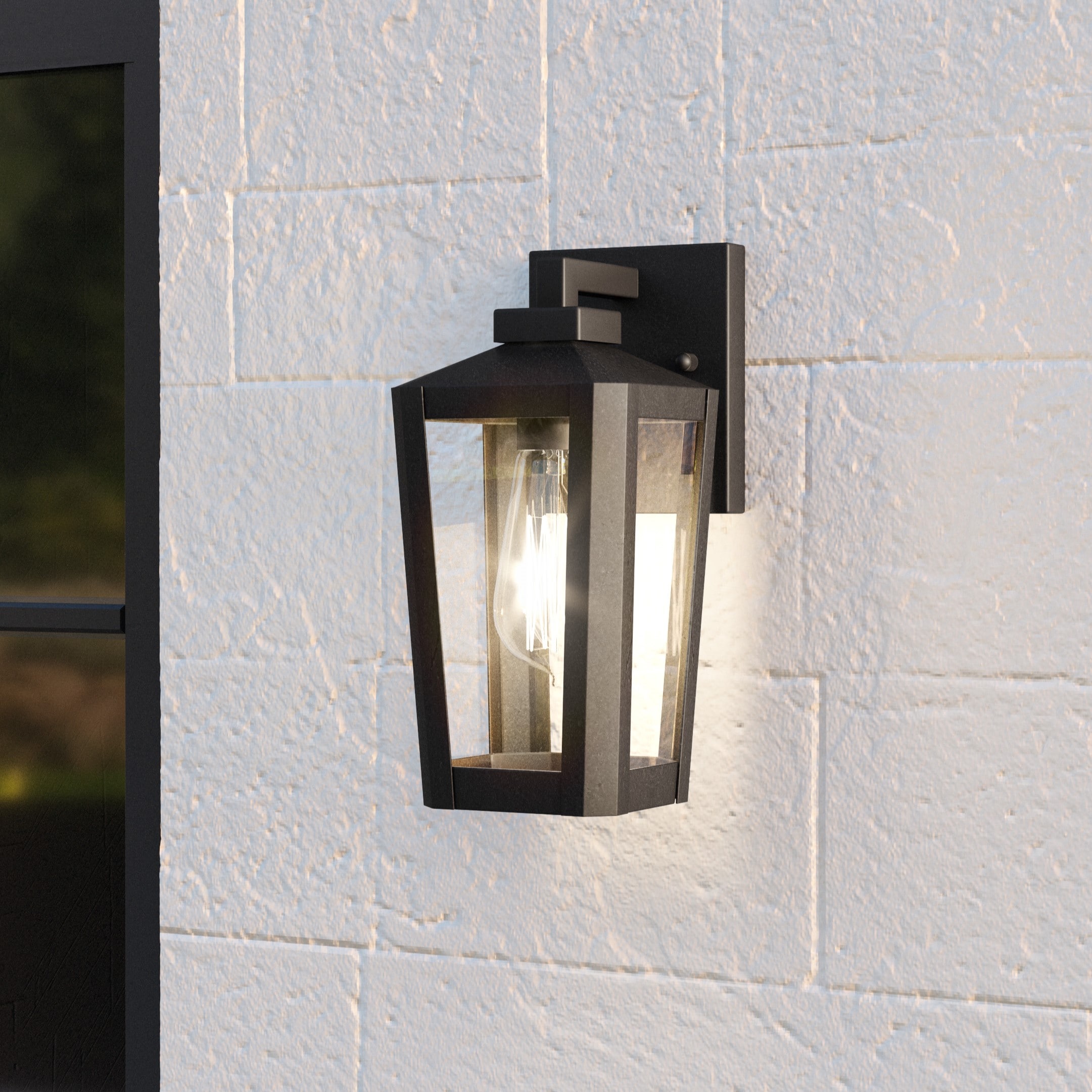 Matte Black Steel Lantern Sconce with Clear Glass Panels