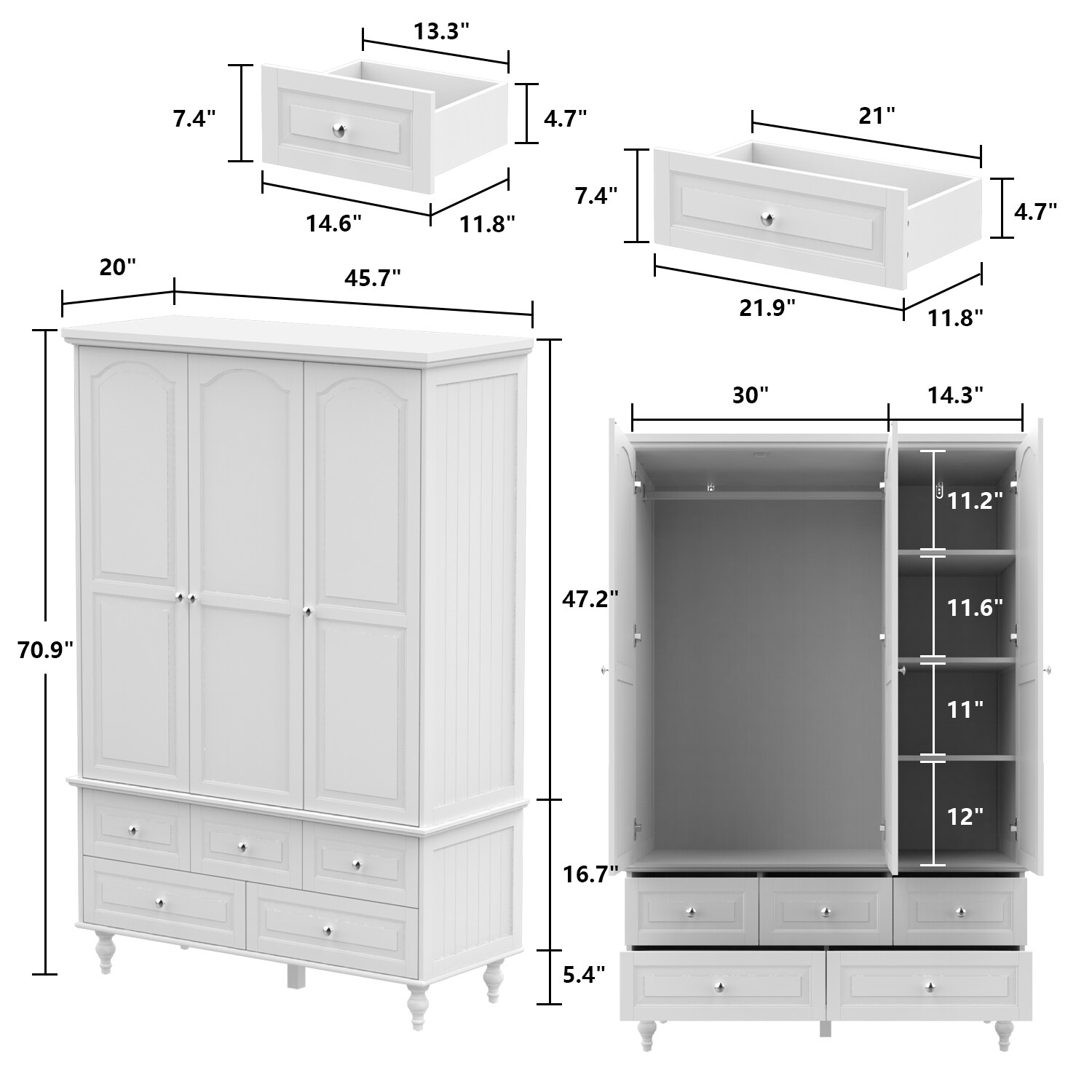 FUFU&GAGA Contemporary 3-Door Wardrobe with Hanging Rod, Shelves, and ...