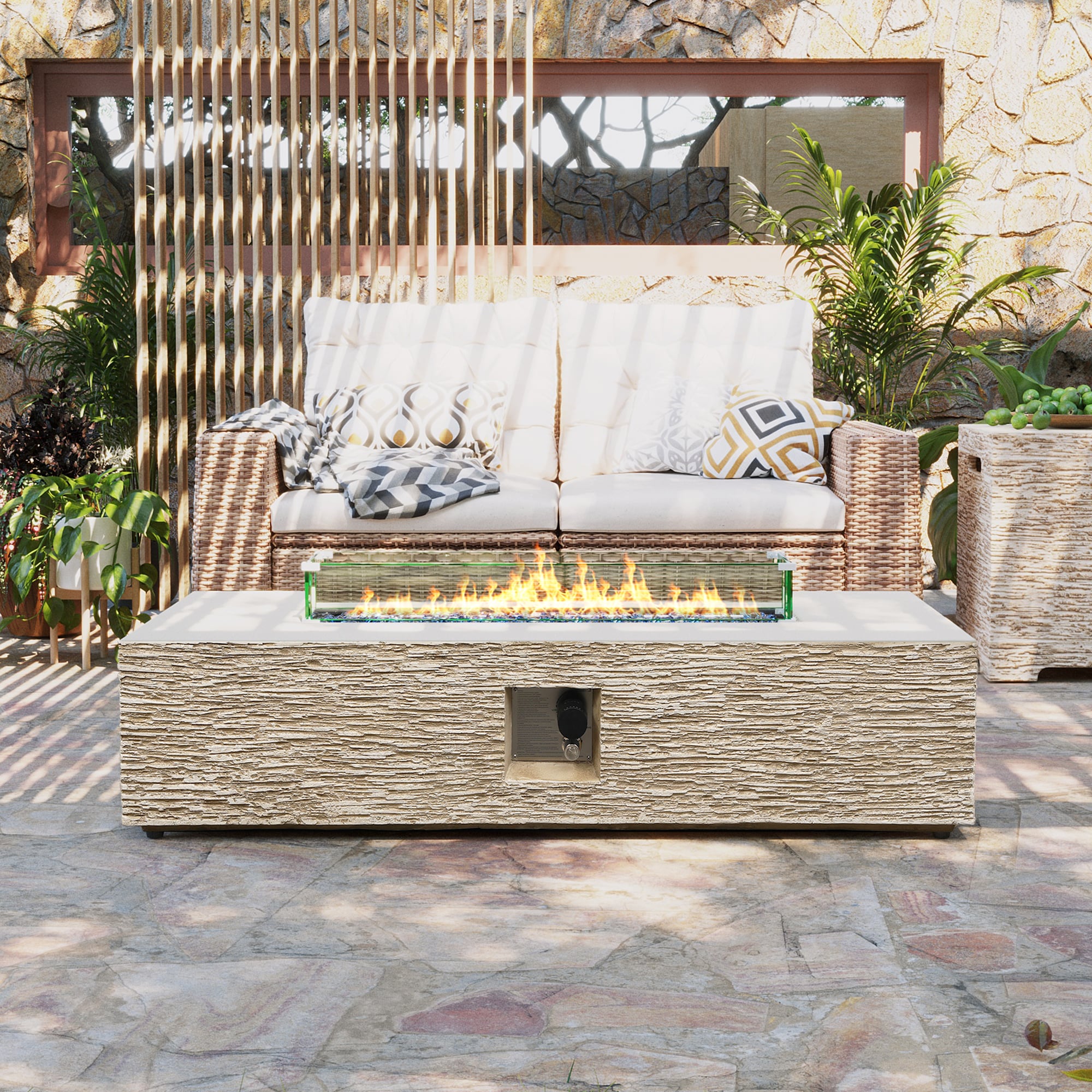 UPHA PL-56M-DK-W Magnesium Oxide Gas Fire Pit with Tank Cover and Wind Guard 56-in W 50000 Maximum BTUs Concrete Rectangle Liquid propane Fire pit table