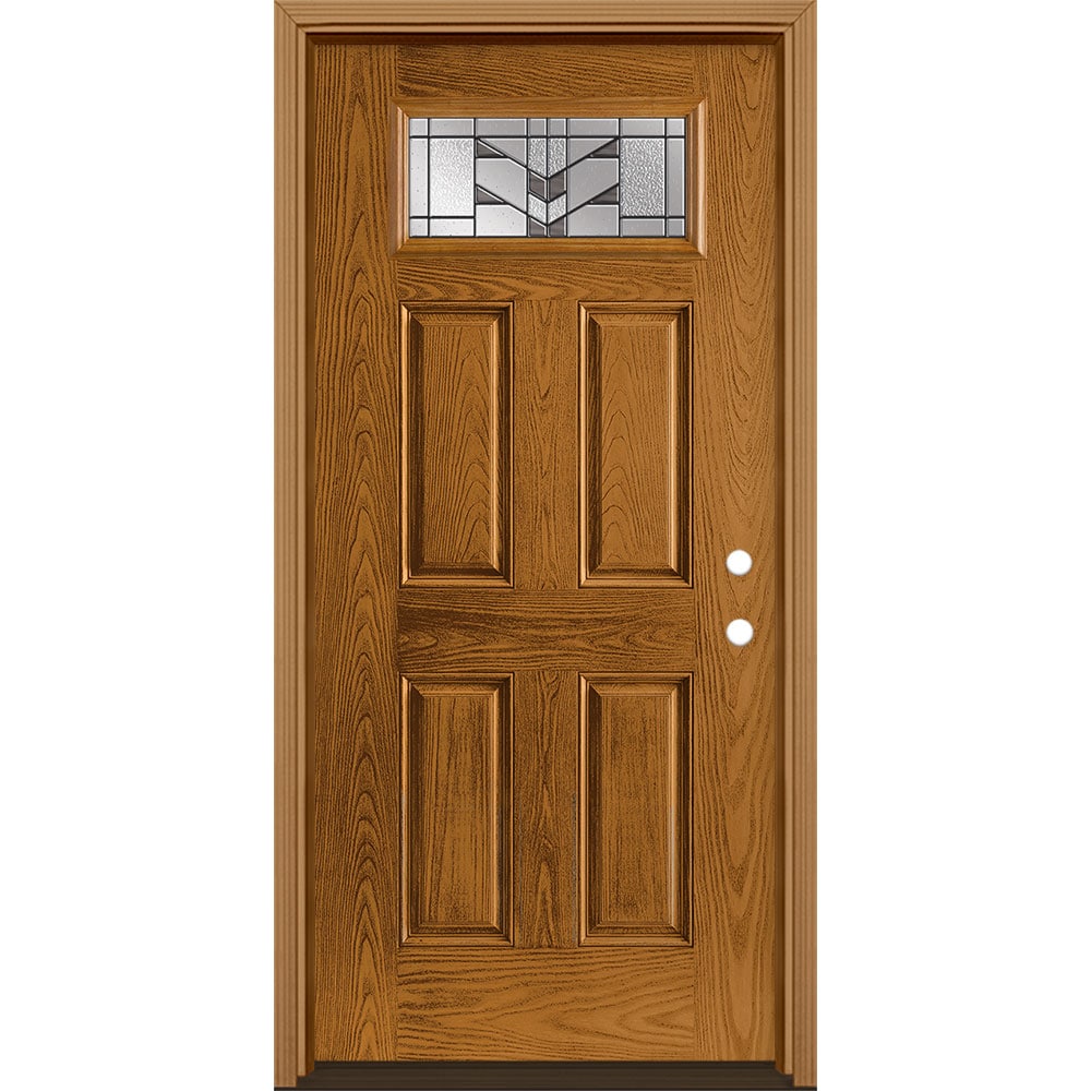 Masonite 3420289 Frontier 36-in x 80-in x 4-9/16-in Fiberglass 1/4 lite Left-hand inswing Oakcrest Stained Prehung Front Door with Brickmould Insulating core