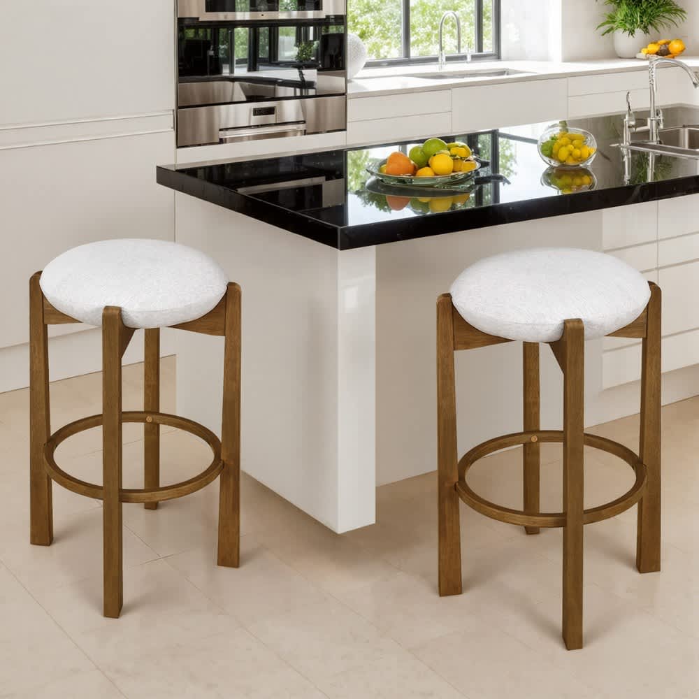 Coolbibila LOU-STOOLS-BROWN Set of 2 Ivory Upholstered Wooden Bar Stools with Dark Walnut Finish for Modern Kitchen or Home Bar