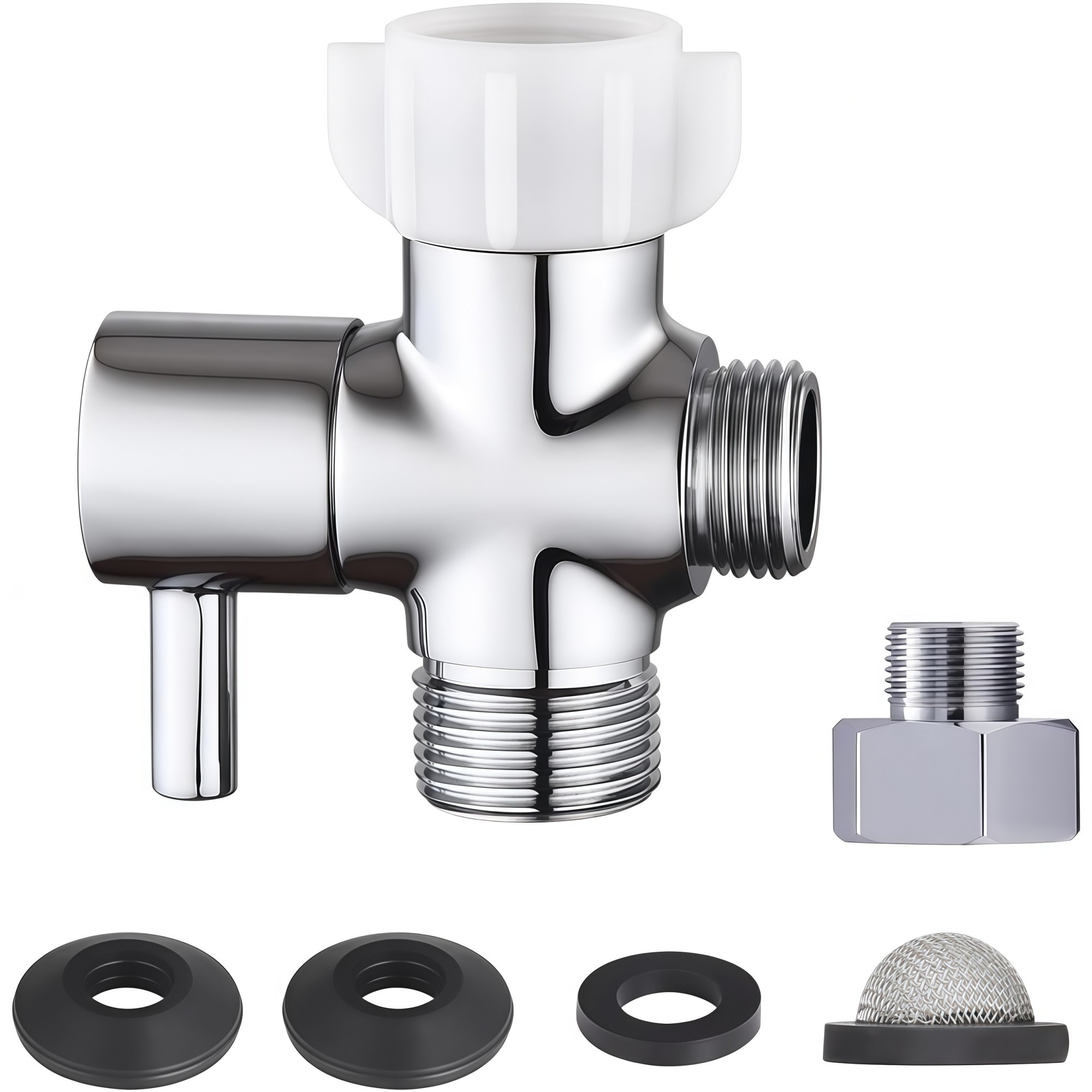 Numhew Bidet T Adapter 7/8 in. x 7/8 in. x 1/2 in. Brass Shut-Off Valve Chrome Tee Connector