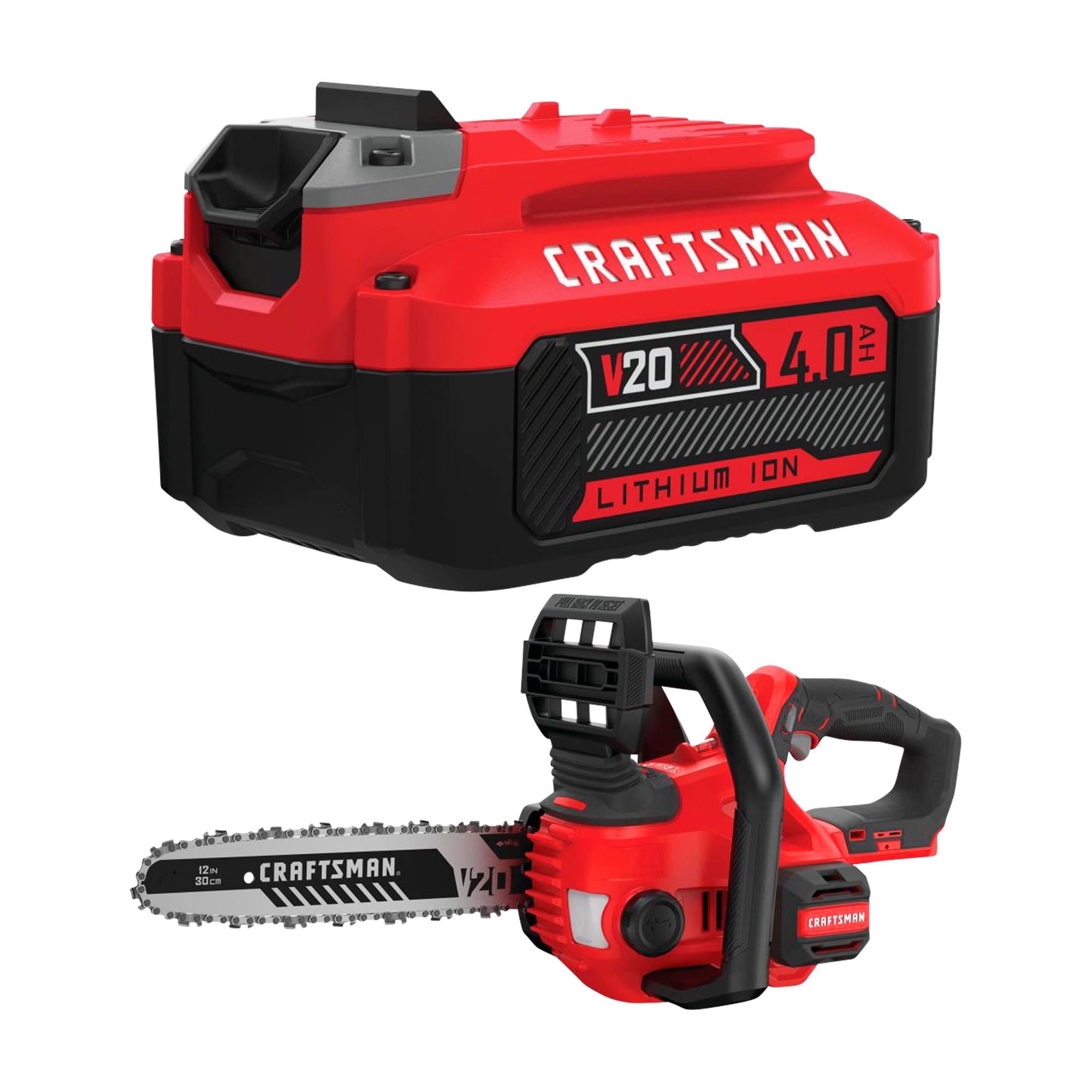 CRAFTSMAN V20 20-Volt 12-in Brushless Cordless Electric Chainsaw & 20-Volt Max 4 Ah Rechargeable Lithium Ion (Li-Ion) Cordless Power Equipment Battery