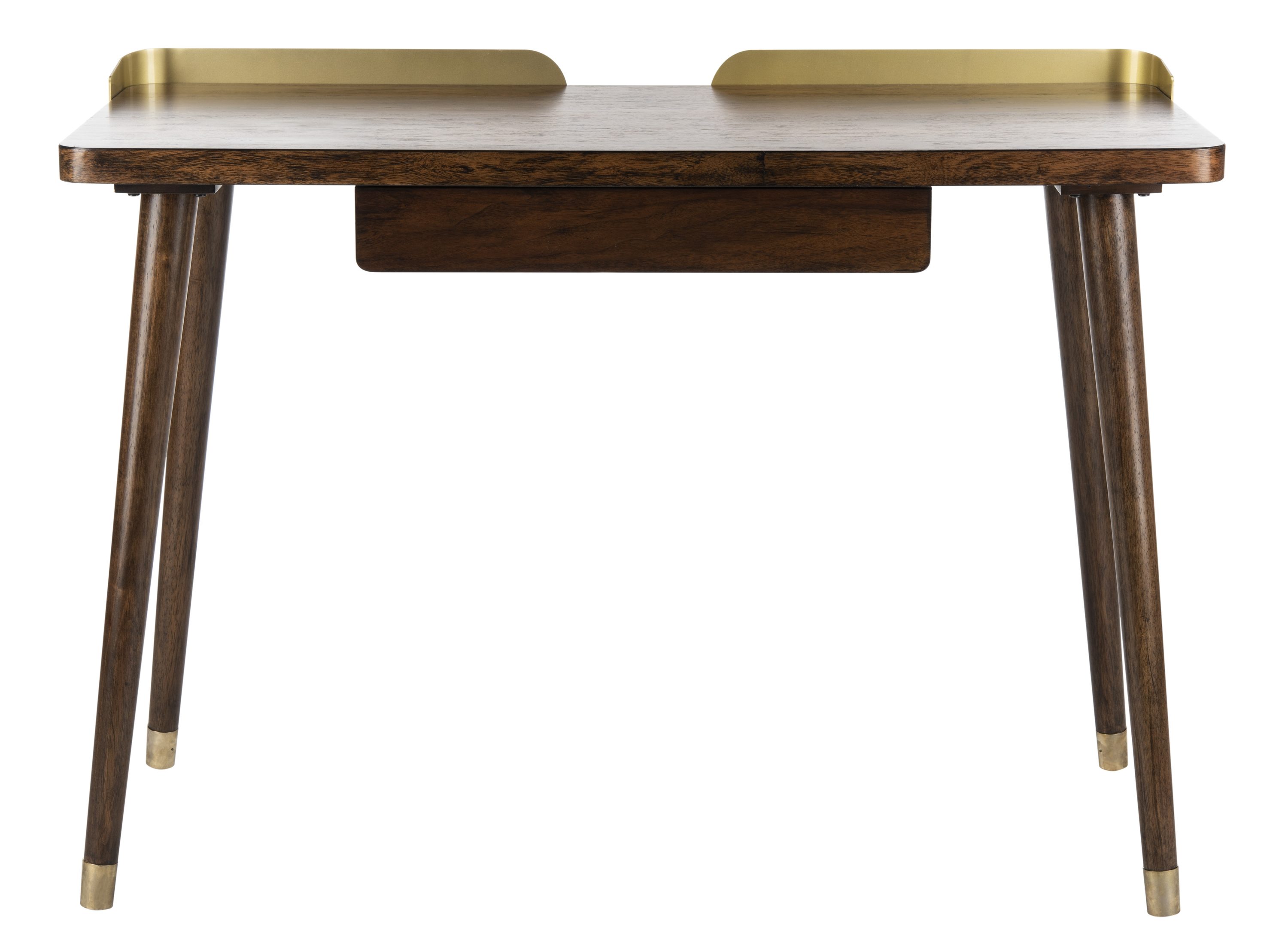 Walnut and Gold Transitional Home Office Desk with Drawer