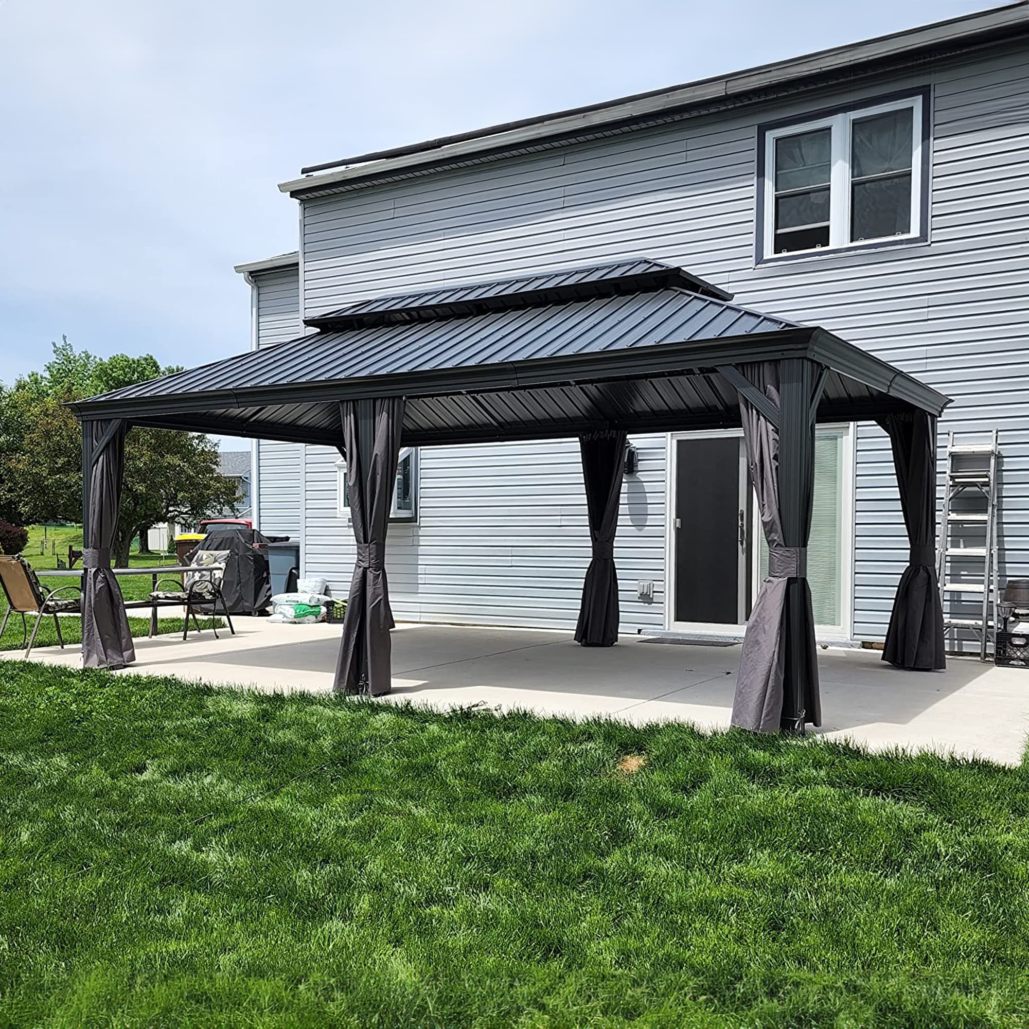 PURPLE LEAF 20-ft x 12-ft Gazebo Rectangle Gray Metal Steel Roof Gazebo ...