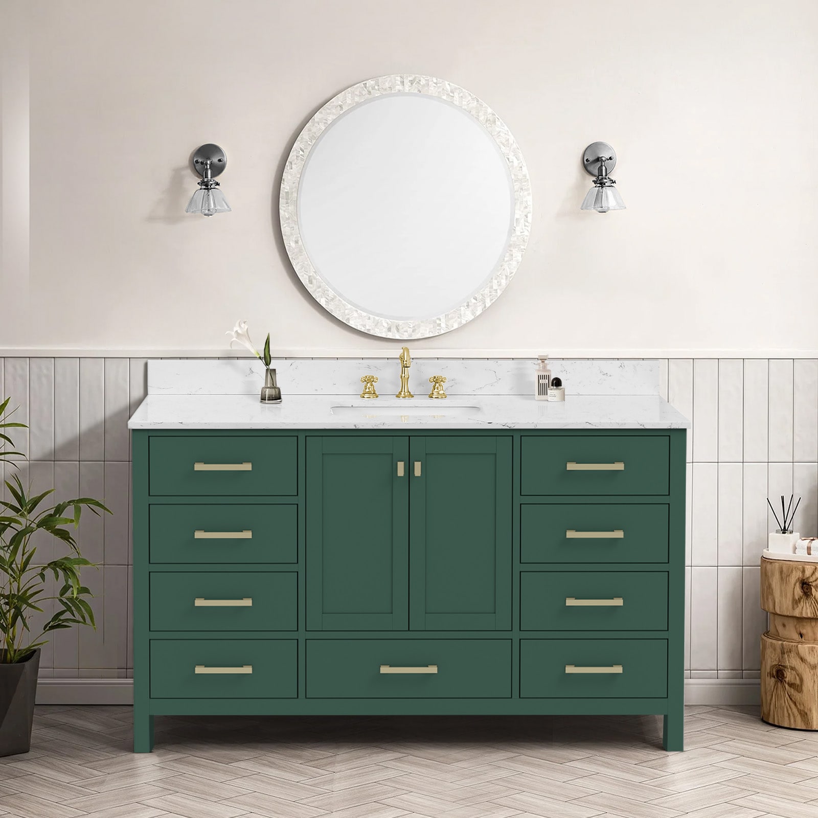 Forclover Solid Wood Frame 54-in Green Undermount Single Sink Bathroom Vanity with White Engineered Stone Top (Fully Assembled)