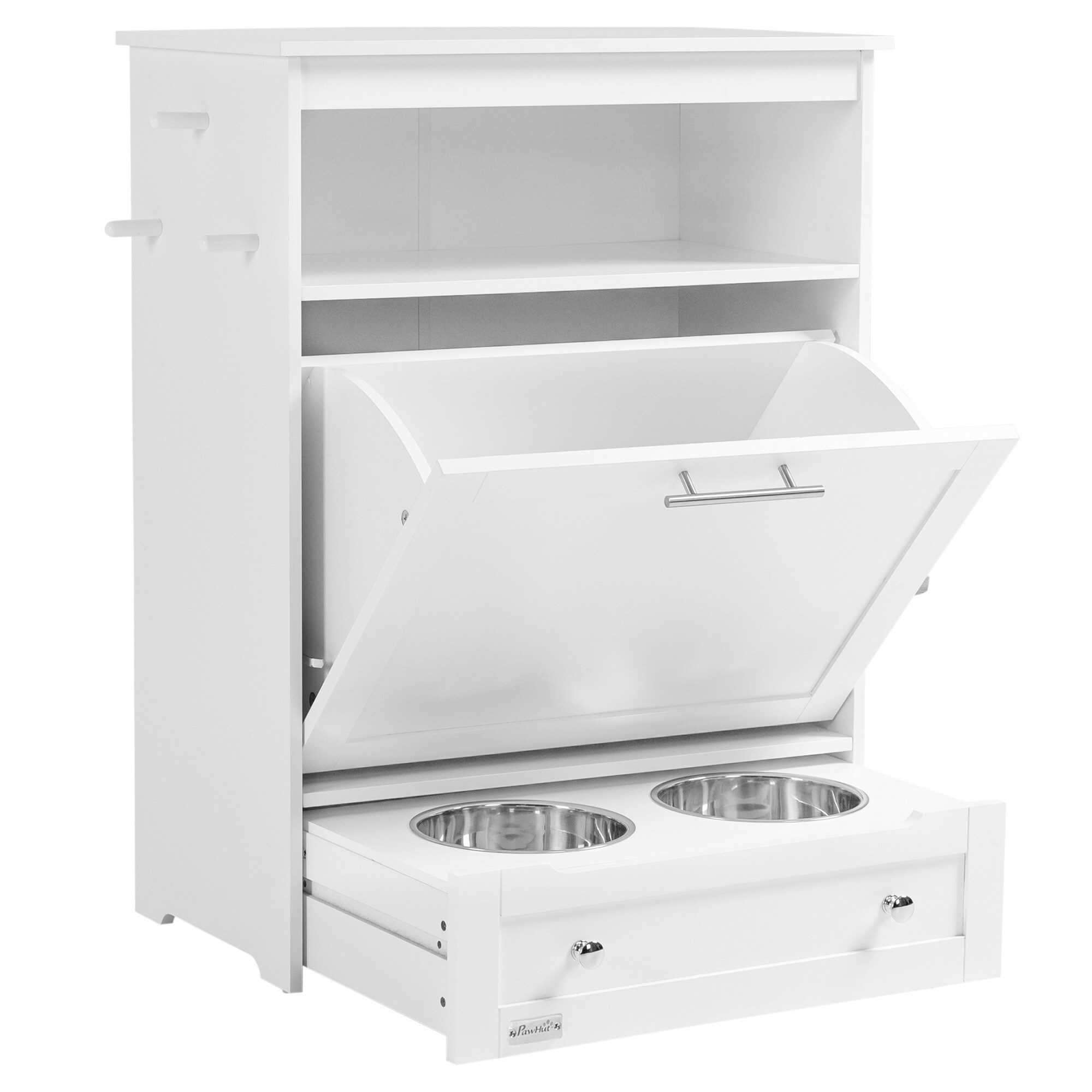 LOVMOR Pet Feeder Station Dog Food Storage Container with Dog Raised Bowls and Hanger for Feeding and Watering Supplies White