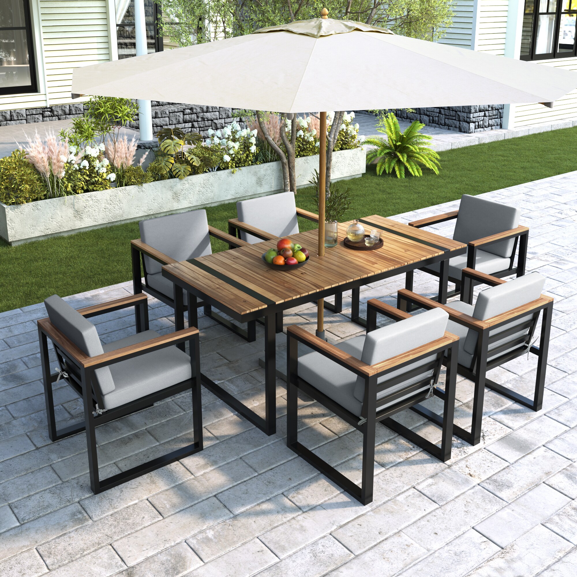 ModernLuxe L-N719Z000140E 7 Pieces Outdoor Dining Set 7 -Piece Grey Patio Dining Set Wood Rectangle Table with 6 Gray Cushions Stationary Chairs