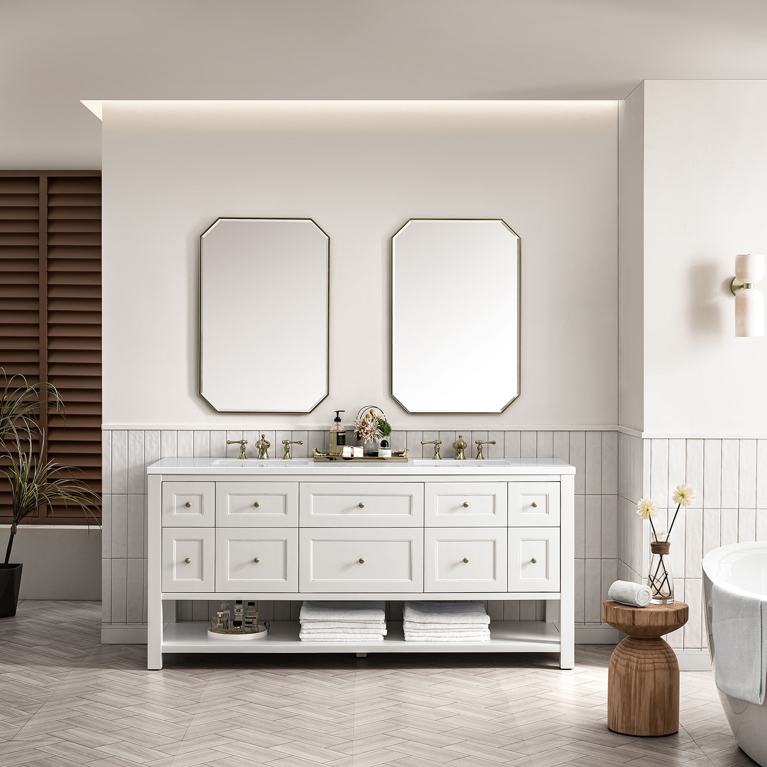 Bright White Solid Wood Double Vanity with Brass Knobs