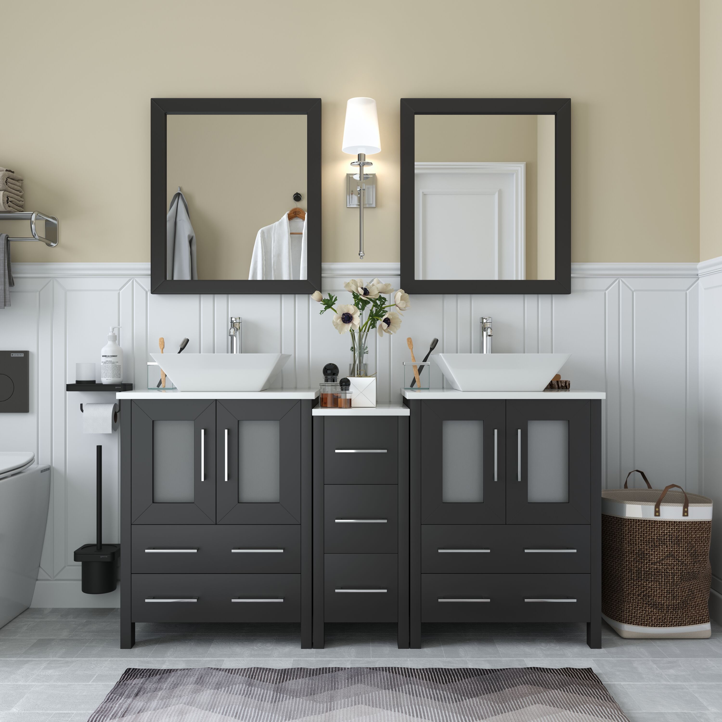 60in Onyx Black And Brass Dual Sink Bathroom Vanity