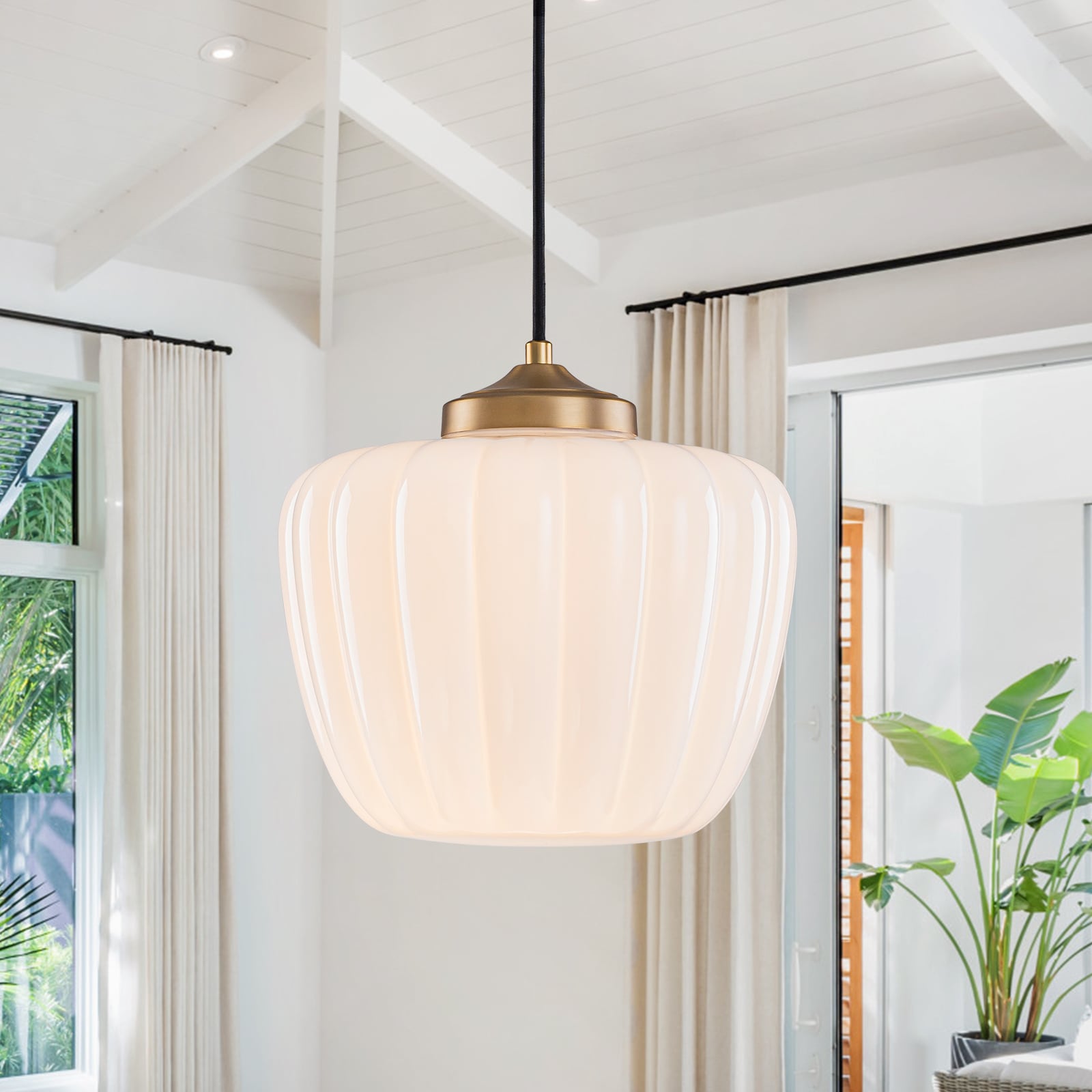 LLHZSY 1 -Light Matte Black Modern/contemporary White glass Drum Hanging Pendant Light