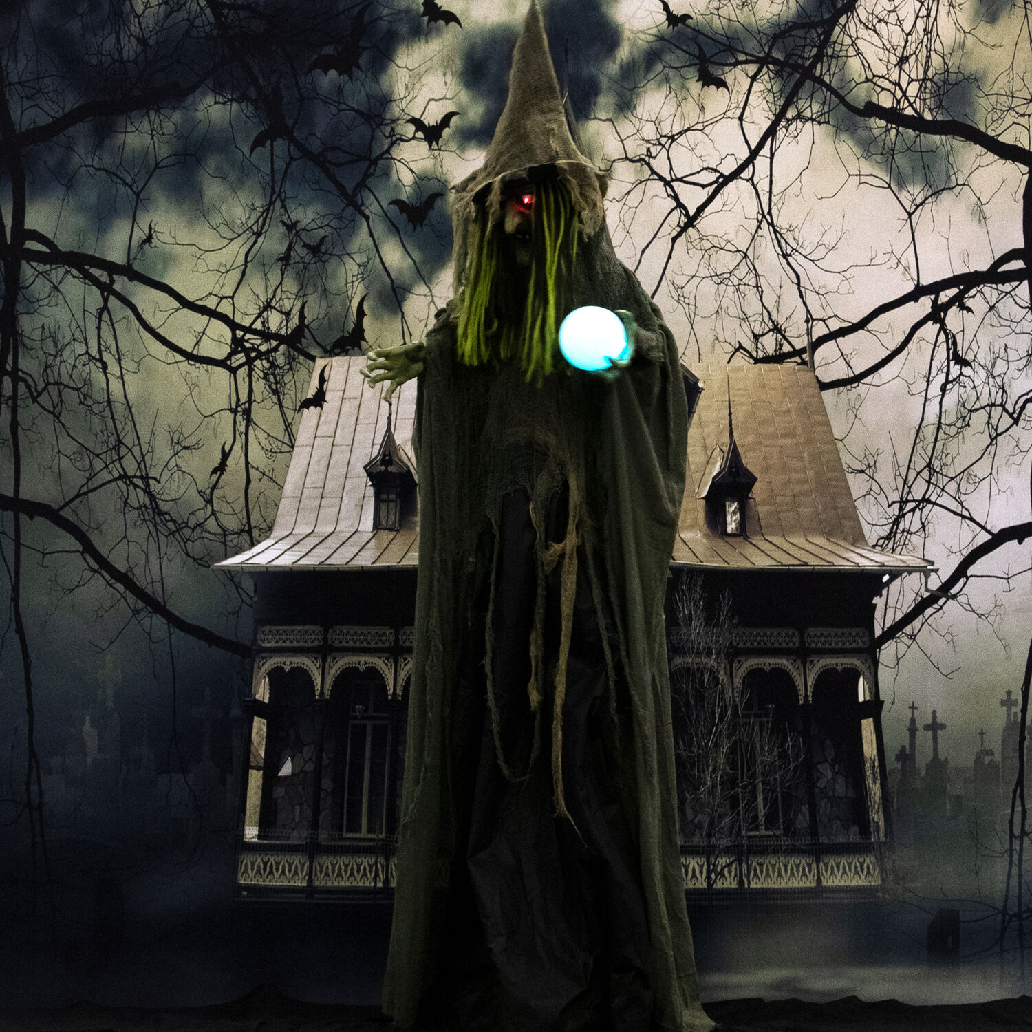 Life-Size Green Witch with Crystal Ball Halloween Animatronic