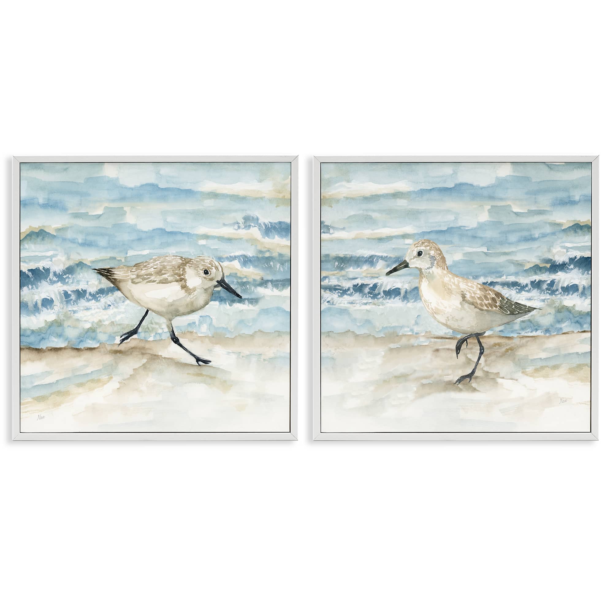 Stupell Industries B2-740-WFR-2PC-17X17 Sandpipers Treading Beach Shore 2 Piece White Framed Giclee Art Set By Nan 17 x 17