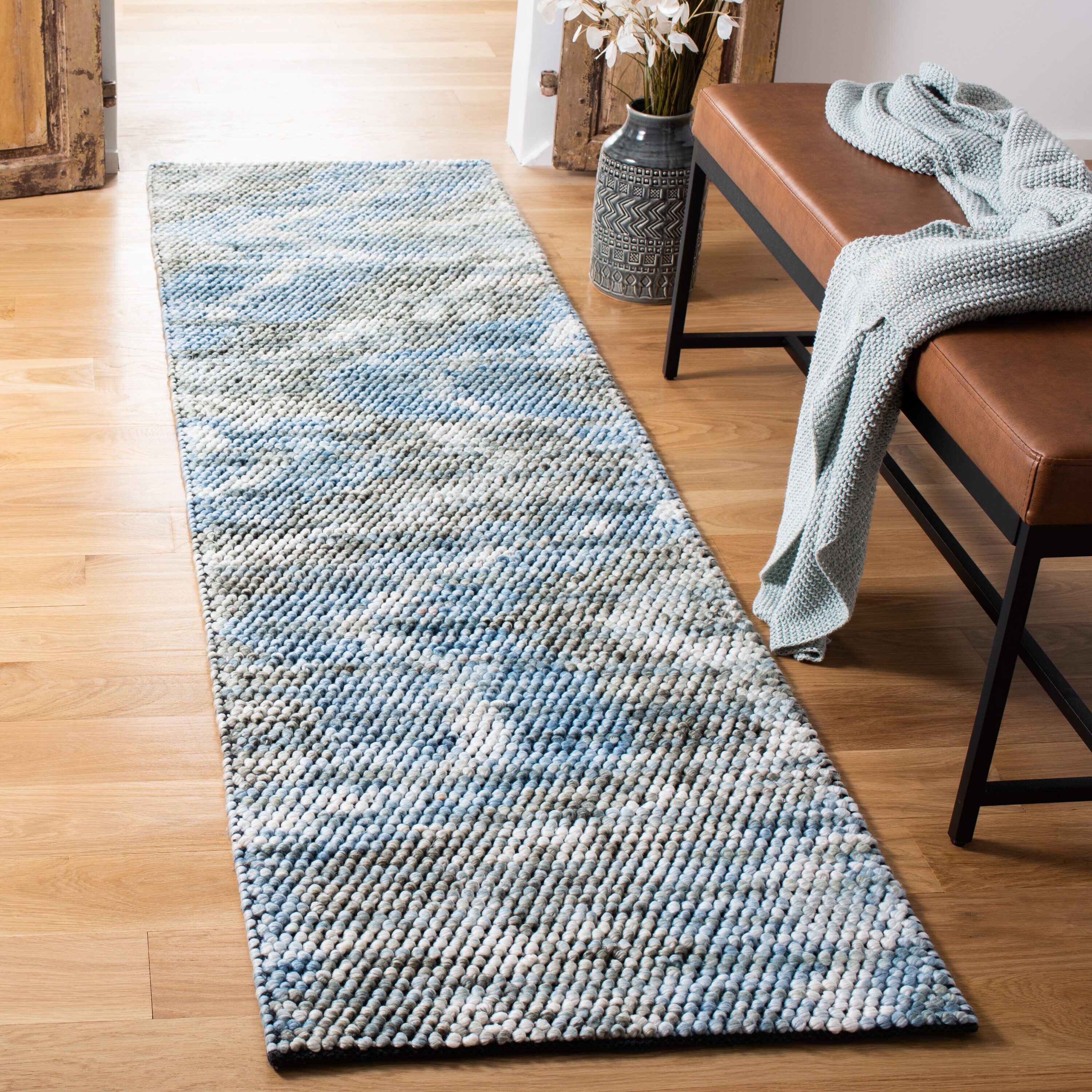 2 x 8 (ft) Polyester Blue / Ivory Rectangular Indoor Solid Professionally Clean Only Runner rug