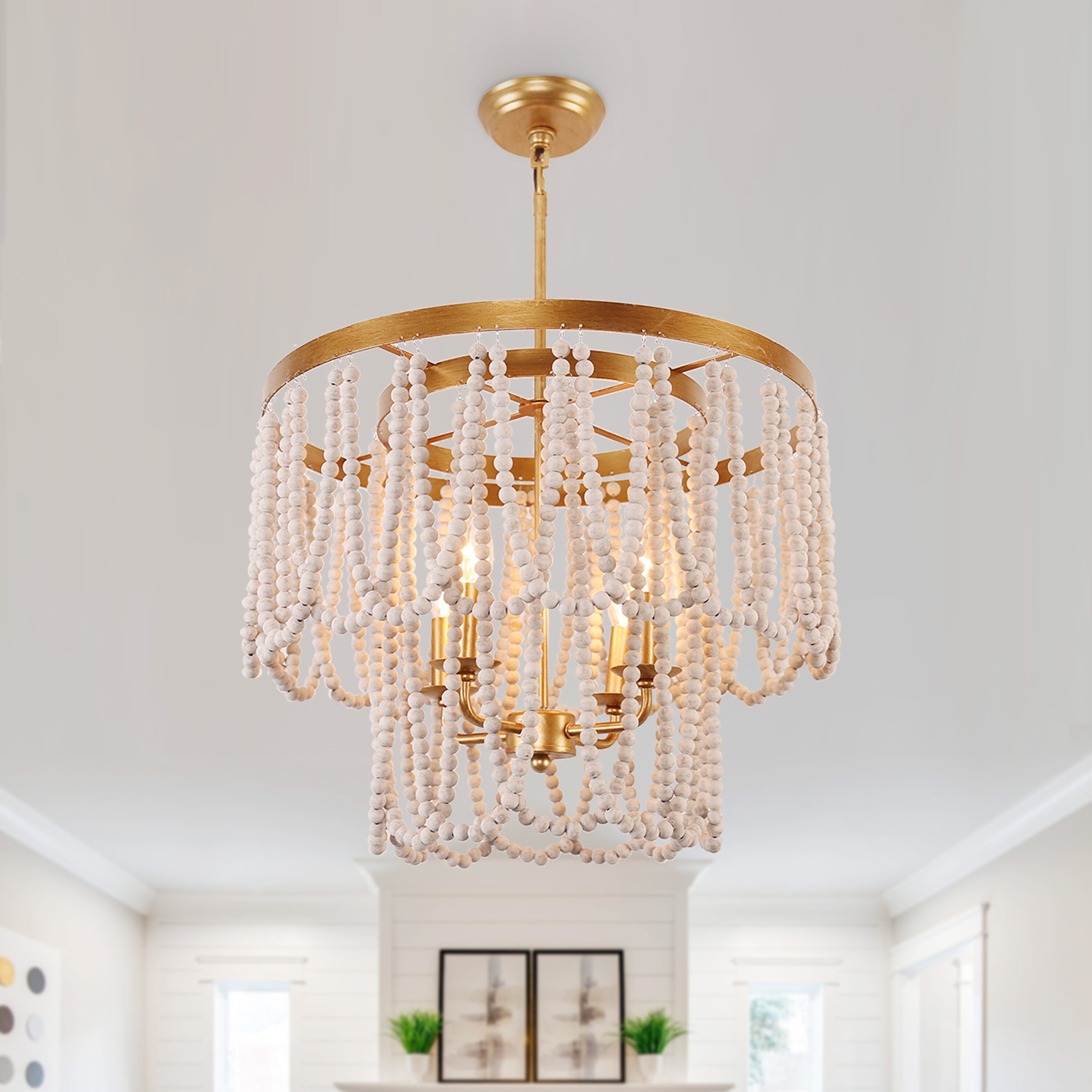 Oaks Decor FC4039-4G Alicia 4 -Light Distressed Gold Bohemian/global Beaded Wood For Use in Bedrooms, Dining Rooms, Foyers, Kitchens, Living Rooms Chandelier