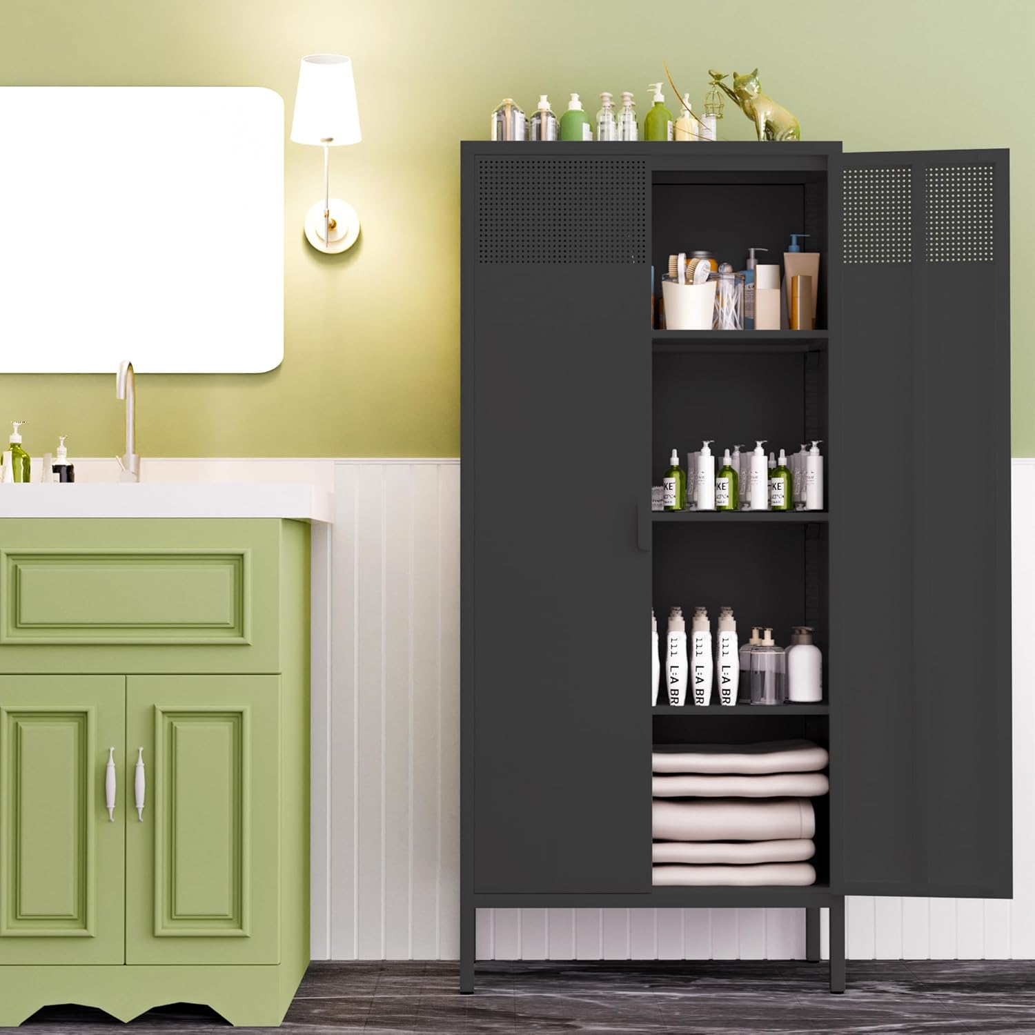 Tatayosi XH-1P312420 The metal food storage cabinet 61 inches high is equipped with adjustable shelves and is suitable for homes and kitchens(BLACK)