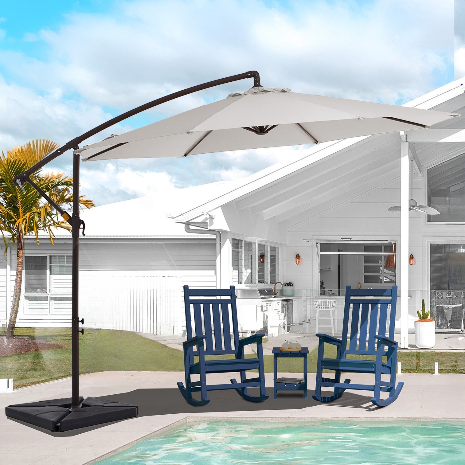 VOUA 10XJSD-CM 10 Steel Off-white Crank Offset Patio Umbrella with Base