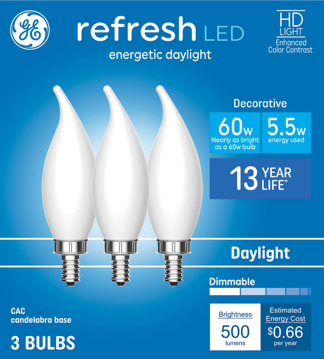 GE 93121640 Refresh 60 -Watt EQ CA11 Daylight Candelabra base (E-12) Dimmable LED Decorative Light Bulb 3 -Pack
