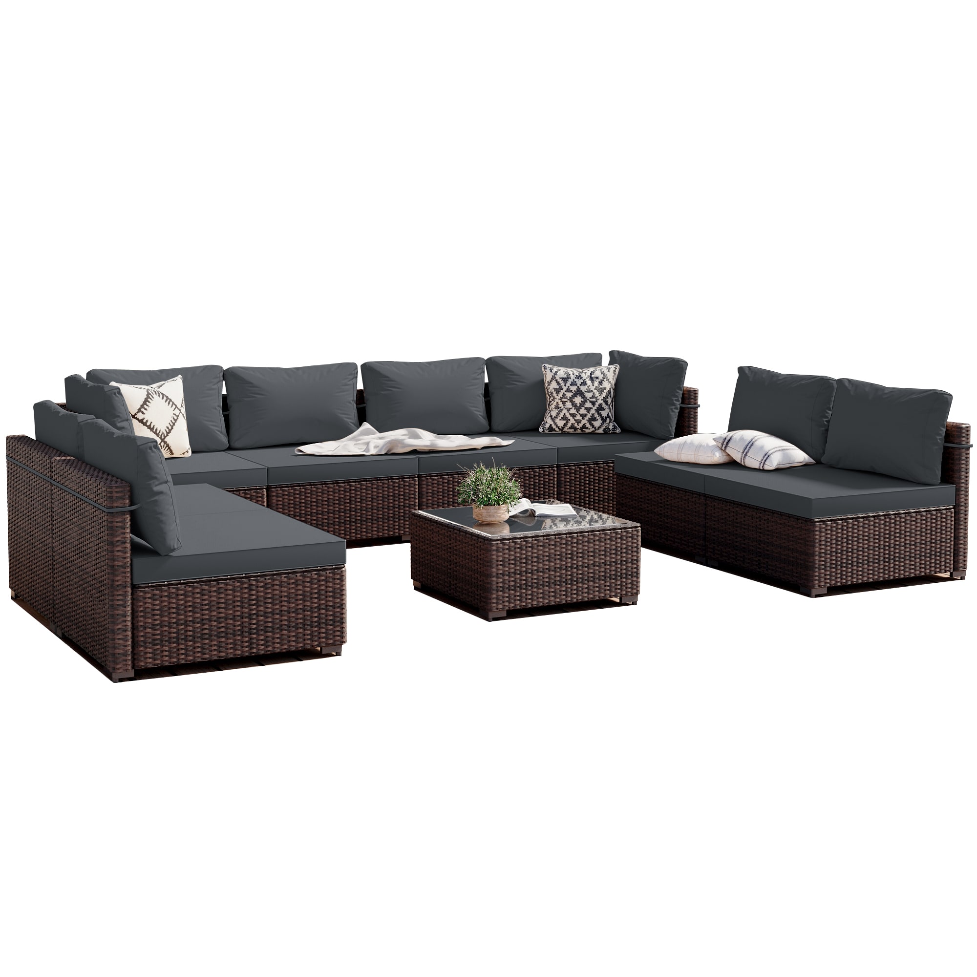 Patio Watcher RT-OD9-B-DGRAY 9-Piece Rattan Patio Conversation Set with Gray Cushions