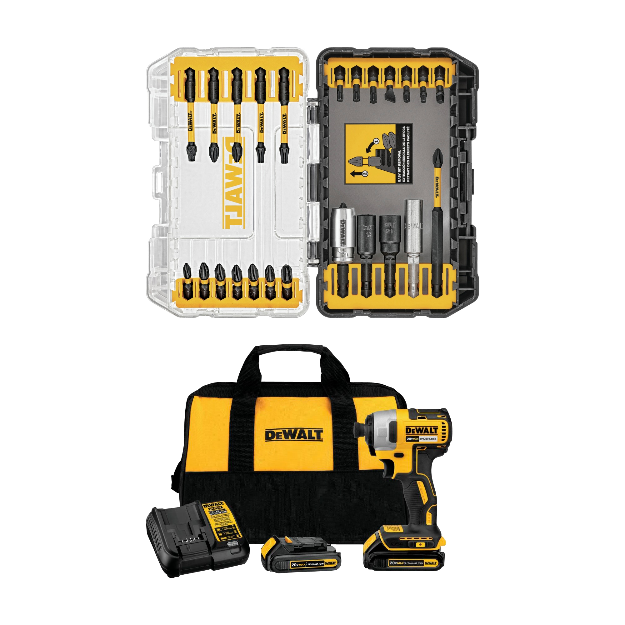 DEWALT 20-volt Max 1/4-in Variable Speed Brushless Cordless Impact Driver (2-Batteries Included) & FlexTorq 25-Piece 1/4-in x Set Impact Driver Bit