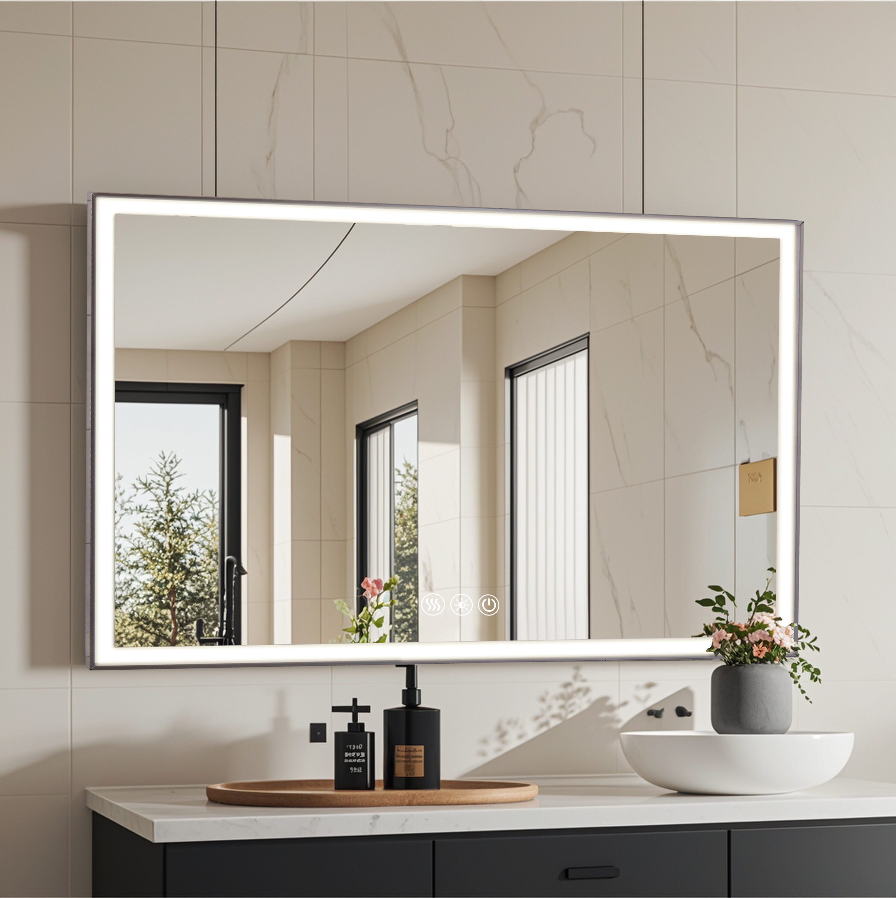 WELLFOR EX-20F5530 LD LED Lighted Mirror 48-in x 32-in Polished Rectangle Dimmable LED Lighted Fog Free Bathroom Vanity Mirror ( Silver )