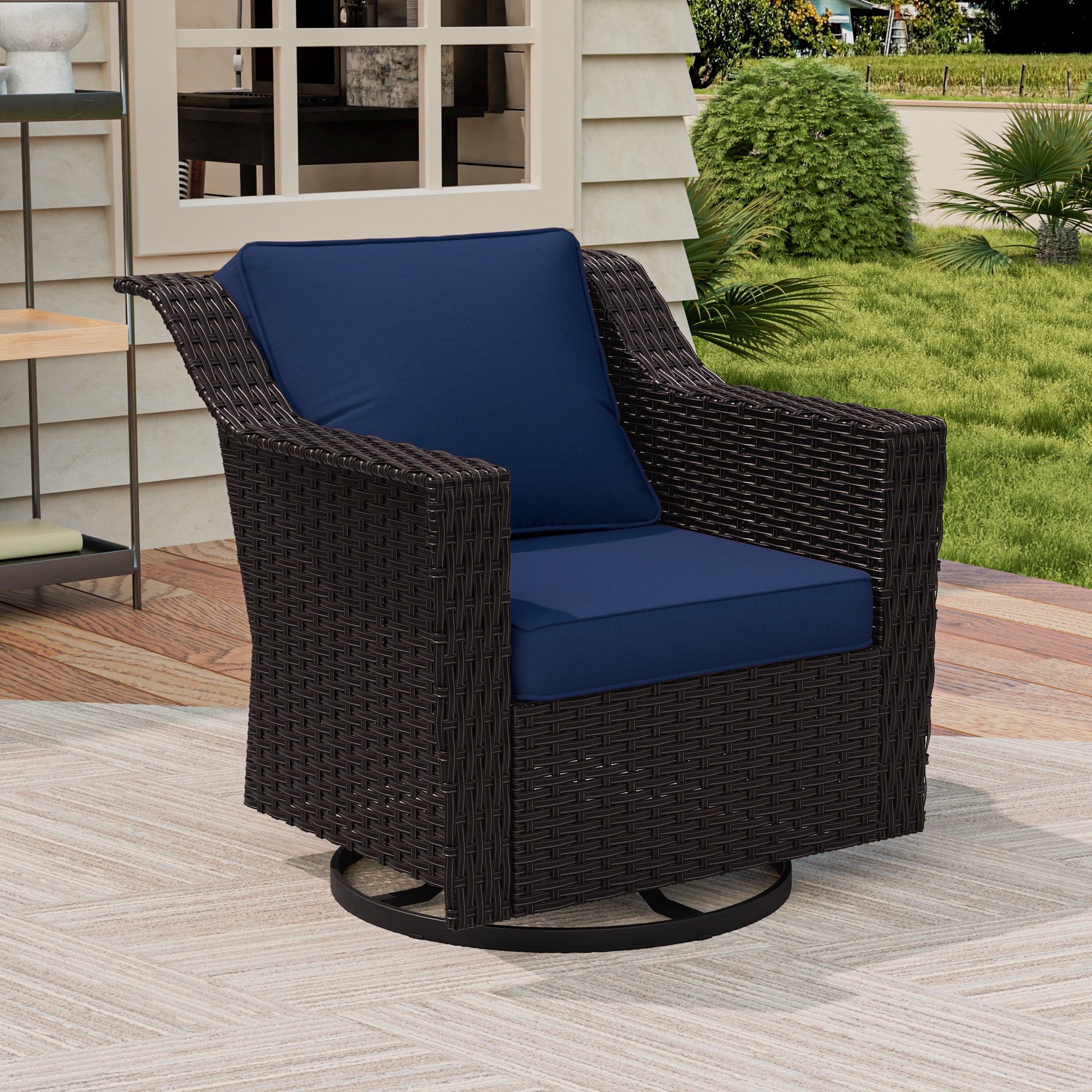 Gardenbee HGL-MA01B-B4 Wicker Brown Steel Frame Swivel rocker Conversation Chair with Blue Cushioned Seat