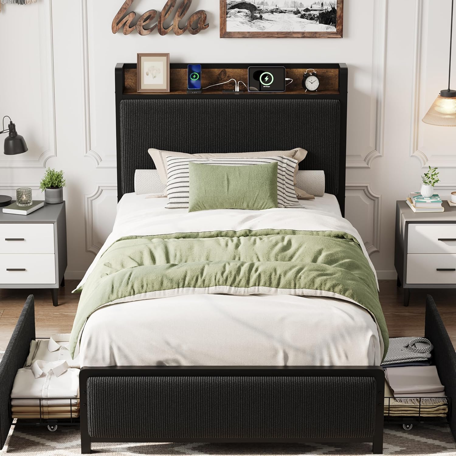 Qeetex LHF-BED-PHO-34VCYNSJ Twin Size Bed Frame with 2 Storage Drawers and Charging Station Rustic Velvet Upholstered Platform Bedframe with Storage Headboard No Box Spring Needed Easy Assembly Noise Free Black