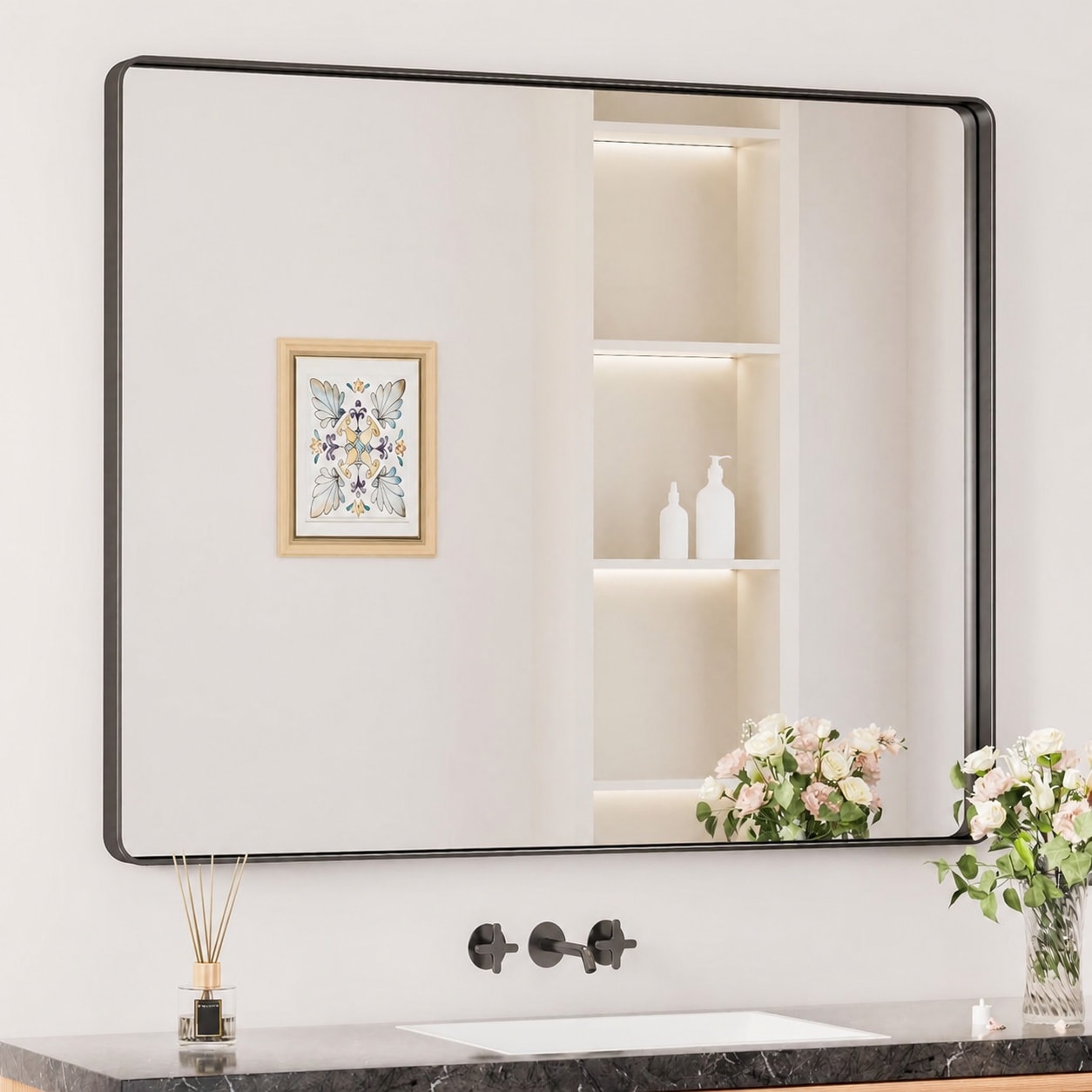 AOIZGMY  Black Bathroom Mirror 42 x 36 Inch Large Rounded Rectangle Vanity Mirror Matte Black Sandblasted Finish Tempered Glass Seamless Aluminum