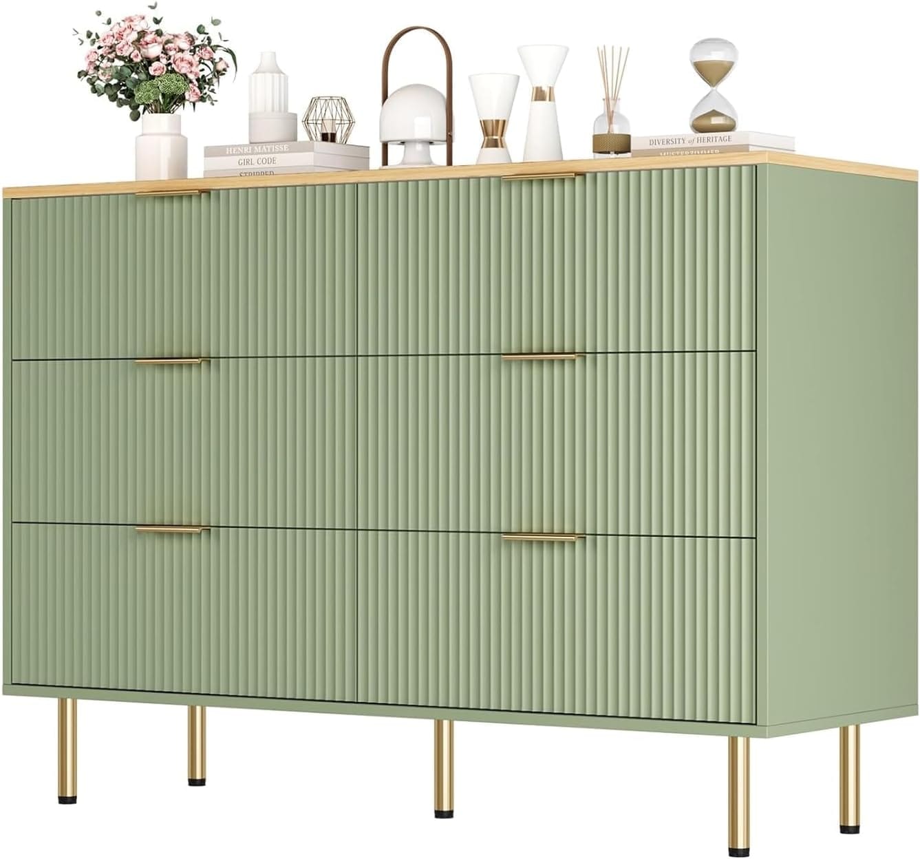 Garvee - 6 Drawer Dresser for Bedroom Chest of Drawers 47 Inch Wide Fluted Dresser with Drawers M...