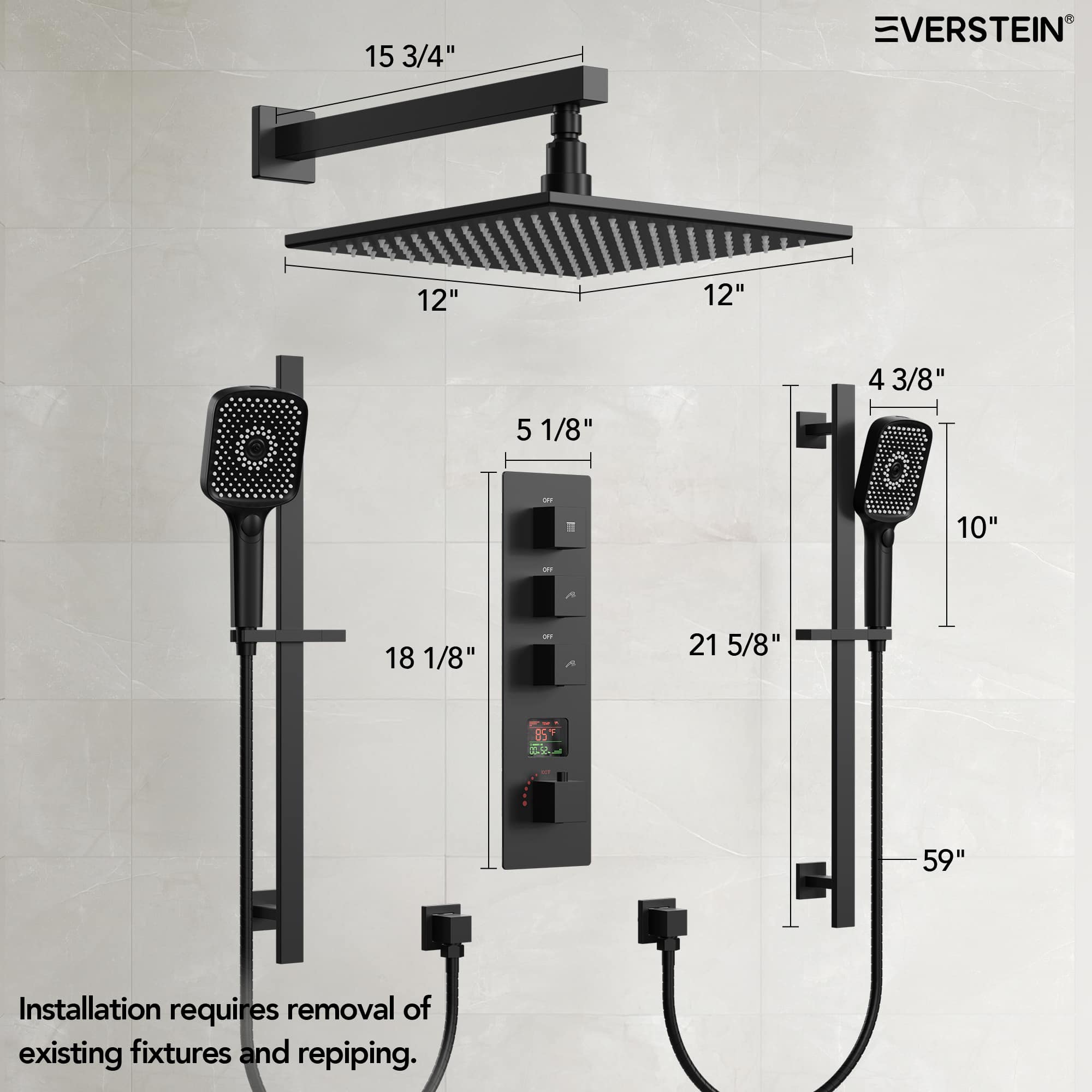 EVERSTEIN SFS-1073-BK12 Showerhead-Bar-Panels - View #11