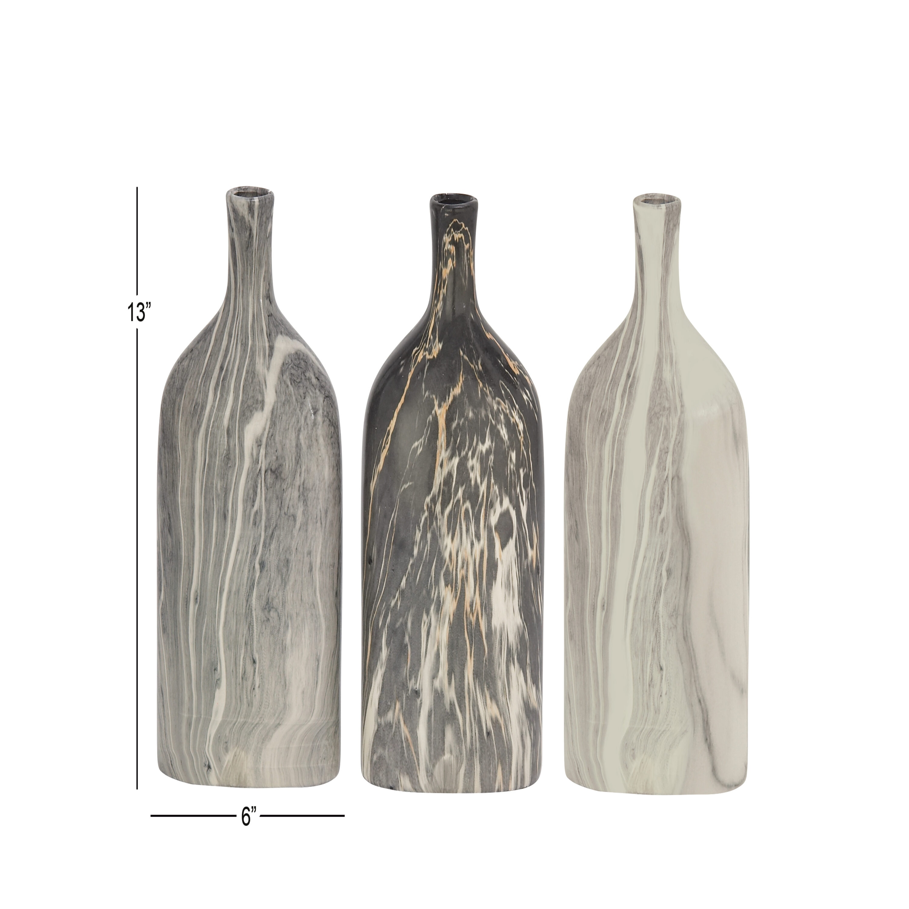 Gray Faux Marble Ceramic Decorative Vase Set, 6" x 3" x 13"