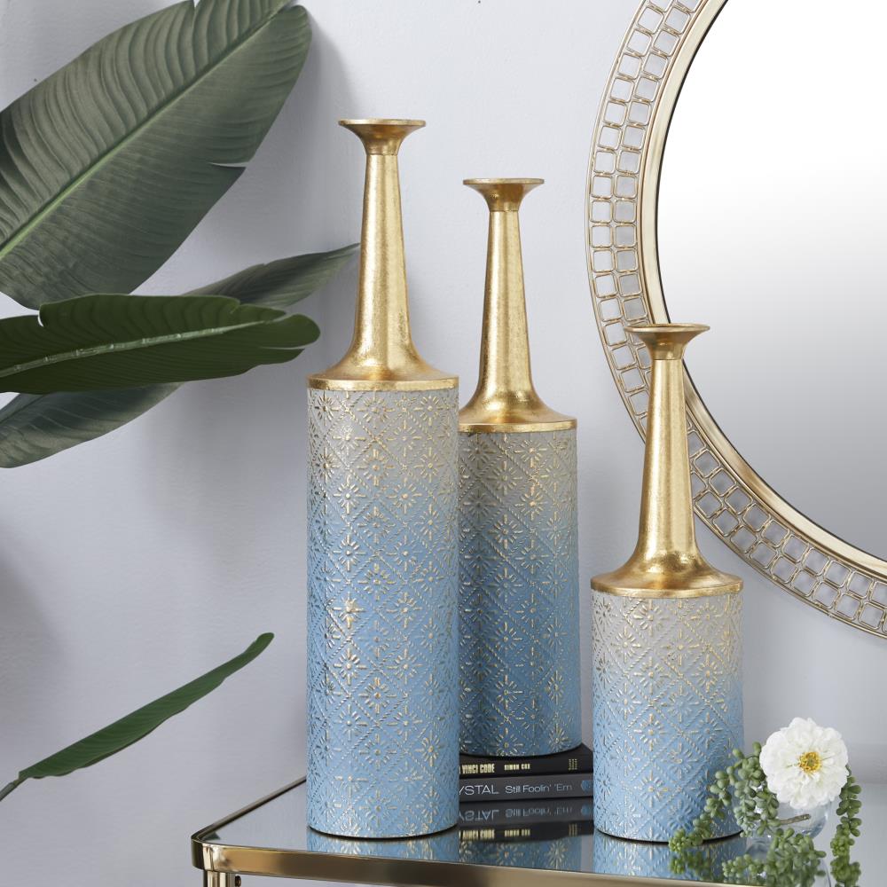 Blue and Gold Metal Trumpet Vases Set of 3