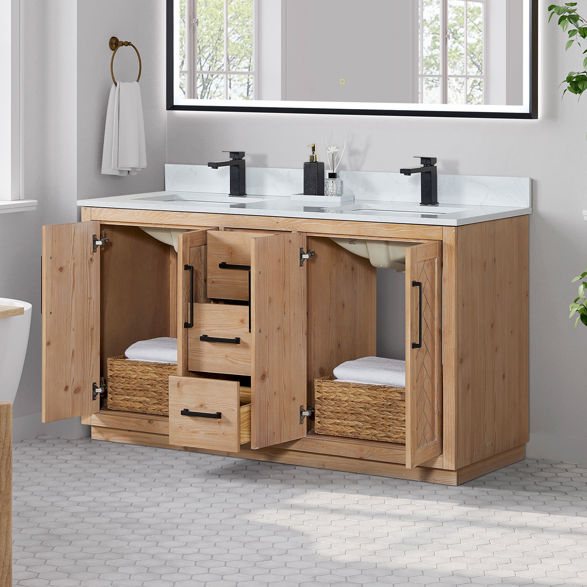 Anais 60" Light Brown Wood Vanity with White Stone Top