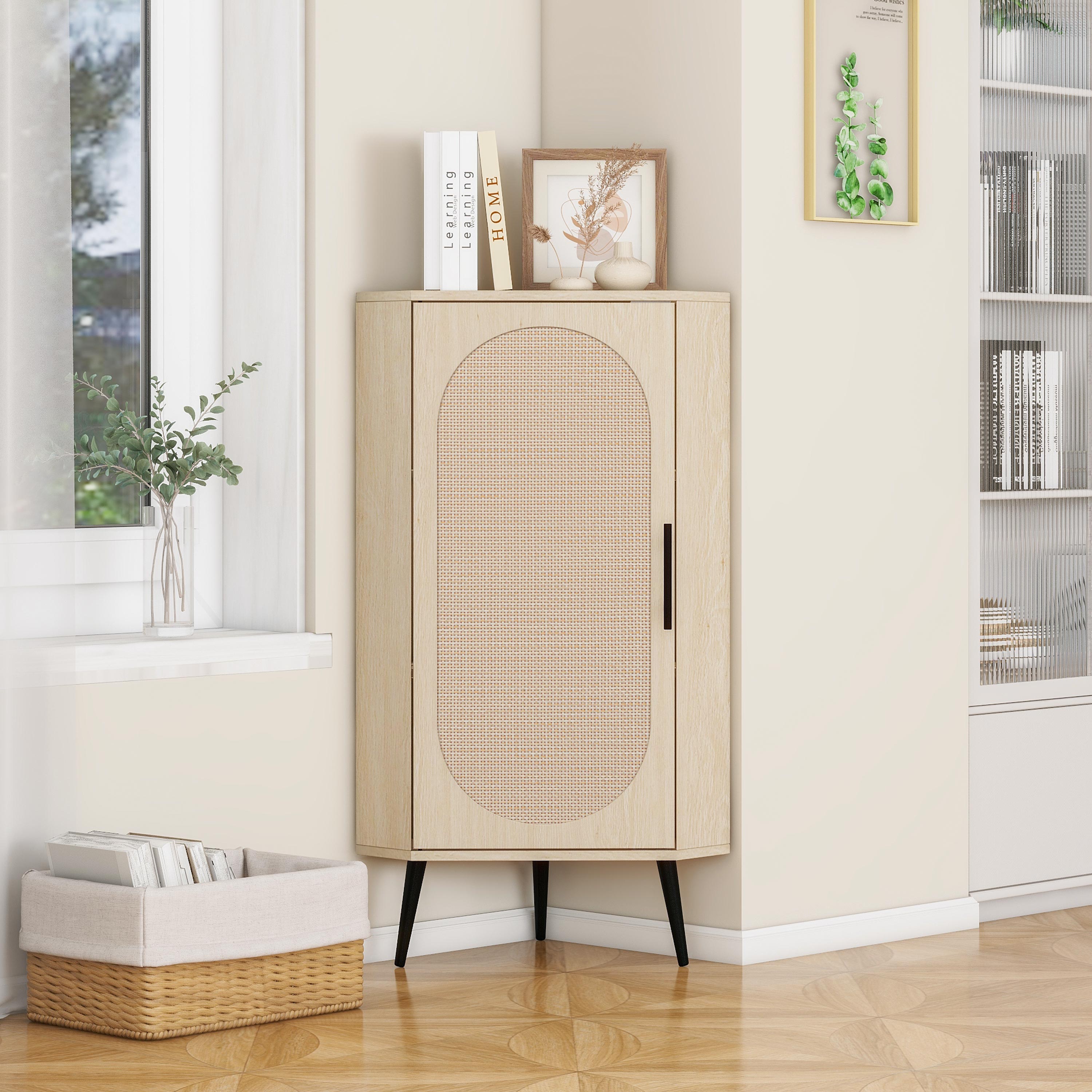 LUXEYARD Corner cabinet Rattan doorFreestanding Corner Tables For Small Spaces Corner Shelf Stand