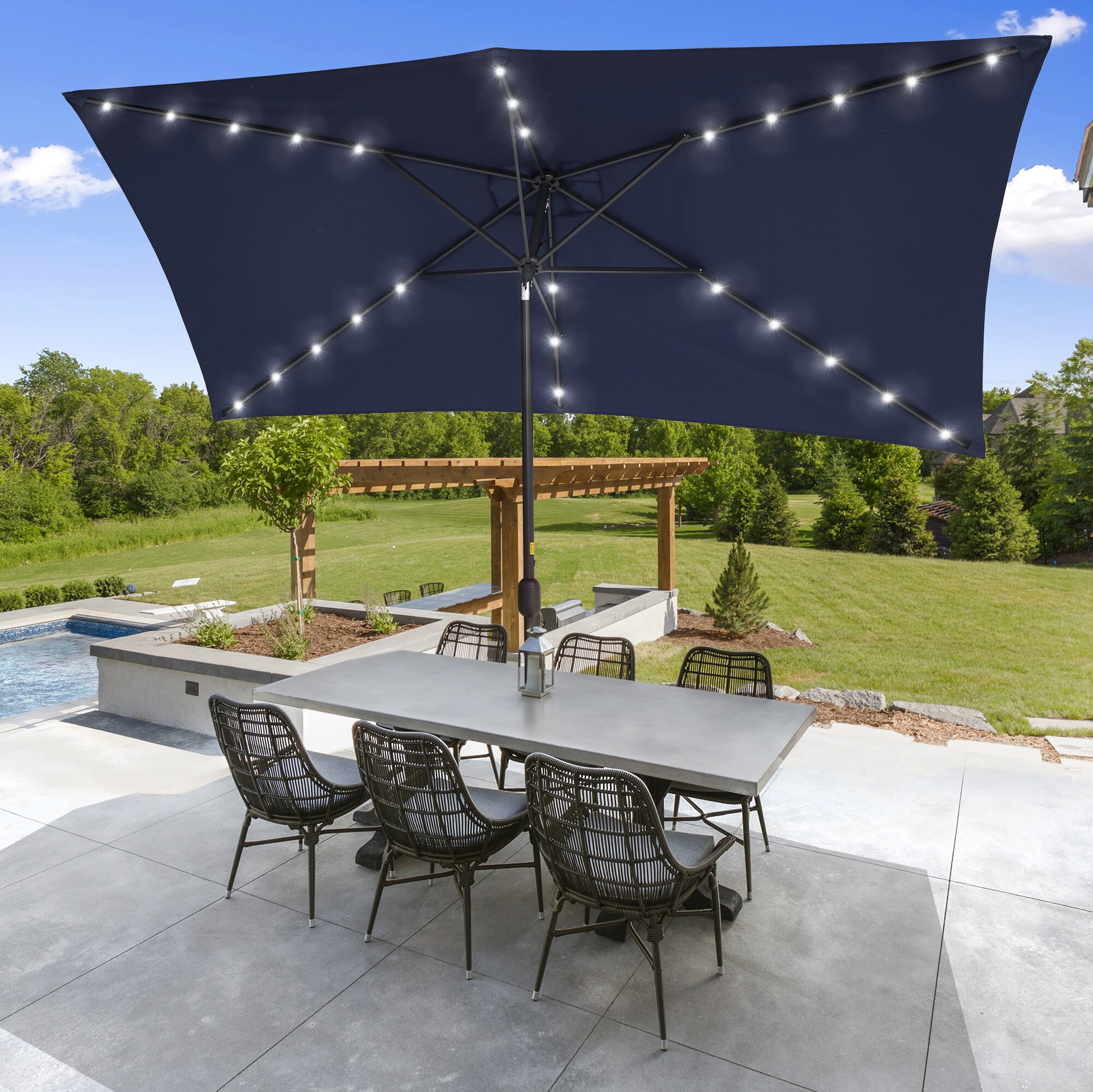 ACEGOSES 10-ft Aluminum Navy Push-button Tilt Market Patio Umbrella with Lights