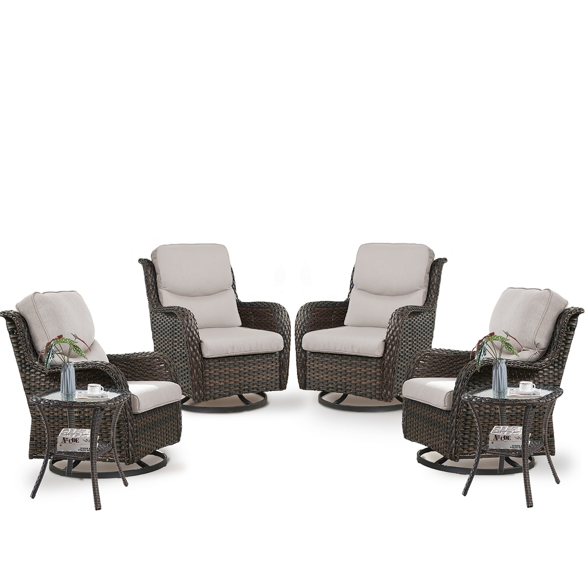 Rilyson FS035XLX2-2 Smiley Set of 4 Wicker Brown Wicker Frame Swivel glider Conversation Chair with Brown Beige Cushioned Seat