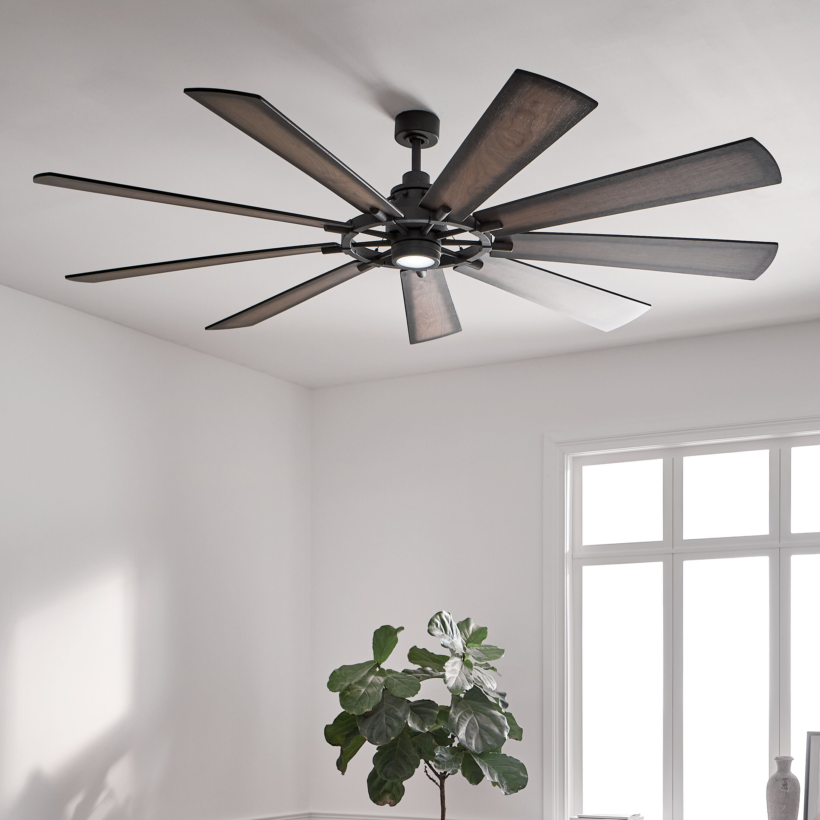 Kichler 300285DBK Gentry XL 85-in Integrated LED Outdoor Distressed Black with Walnut/Walnut Shadowed Blades Propeller Ceiling Fan With Light 9 -Blade )
