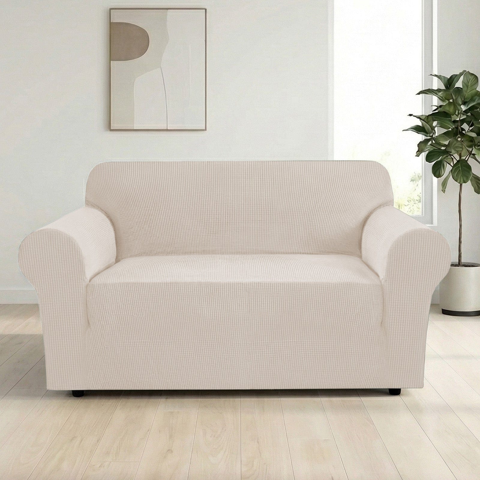H.Versailtex - Stretch Jacquard Loveseat Slipcover Natural FormFit with Elastic Hem