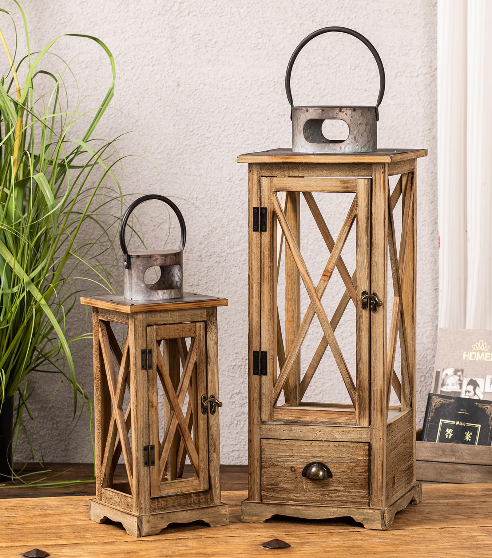 Justincity Farmhouse Wooden Candle Lantern Set Rustic Floor