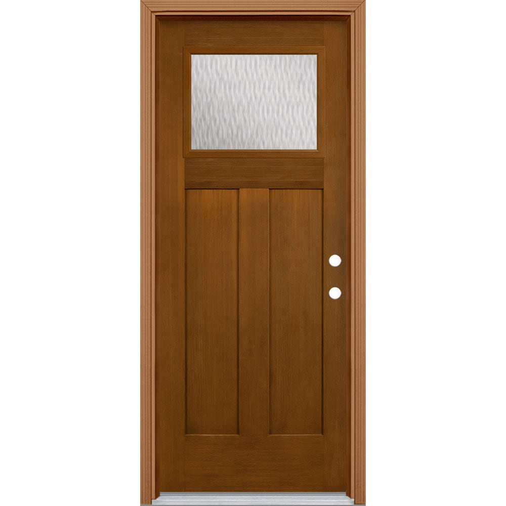 Masonite 627847 Double Water Textured Glass 32-in x 80-in x 4-9/16-in Fiberglass Craftsman Left-hand inswing Woodhaven Stained Prehung Front Door with Brickmould Insulating core